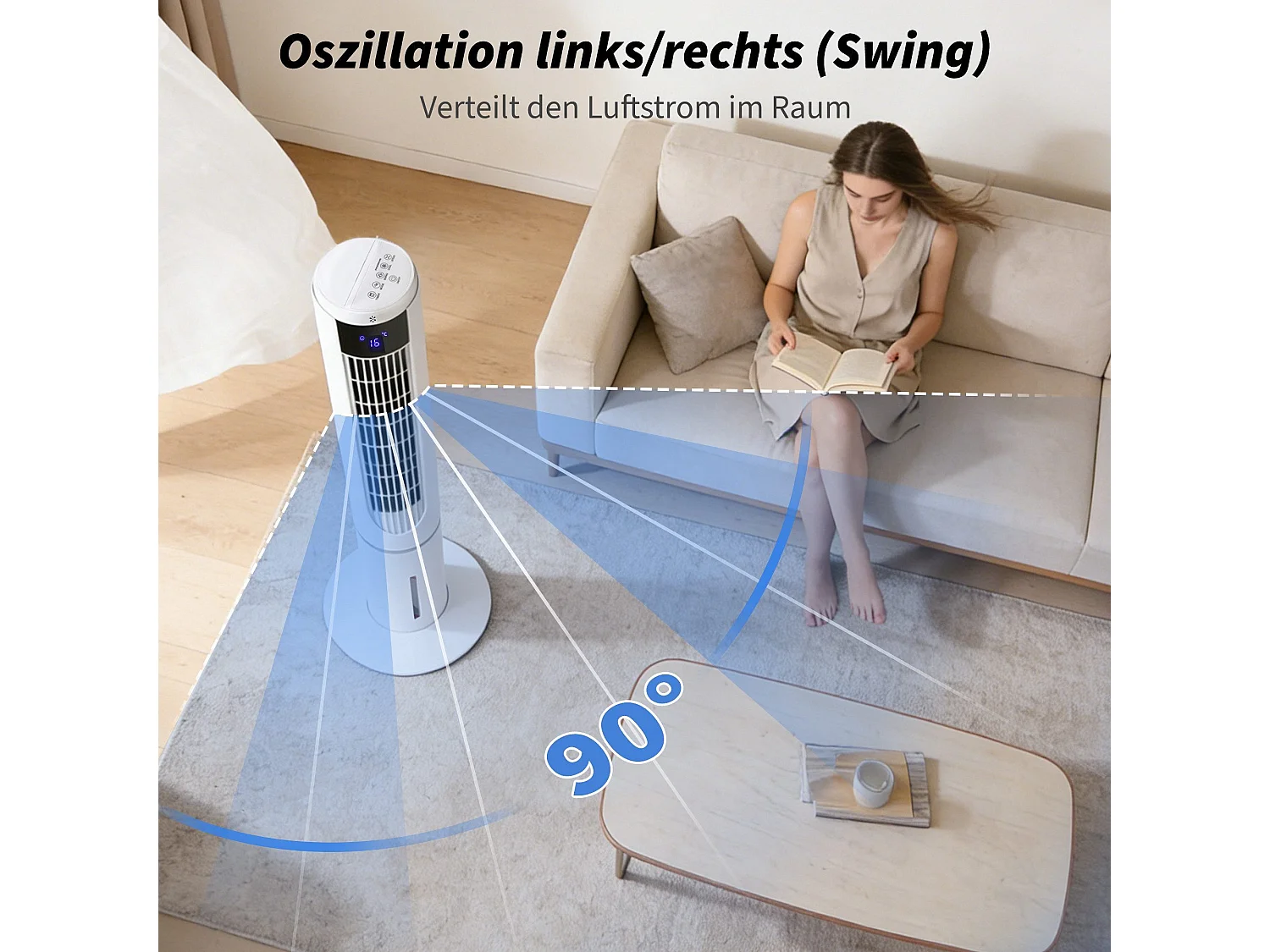 ZMH Ventilateur colonne rafraîchissant 3 modes 3 vitesses de ventilation oscillation 90° avce télécommande pour chambre bureau salon