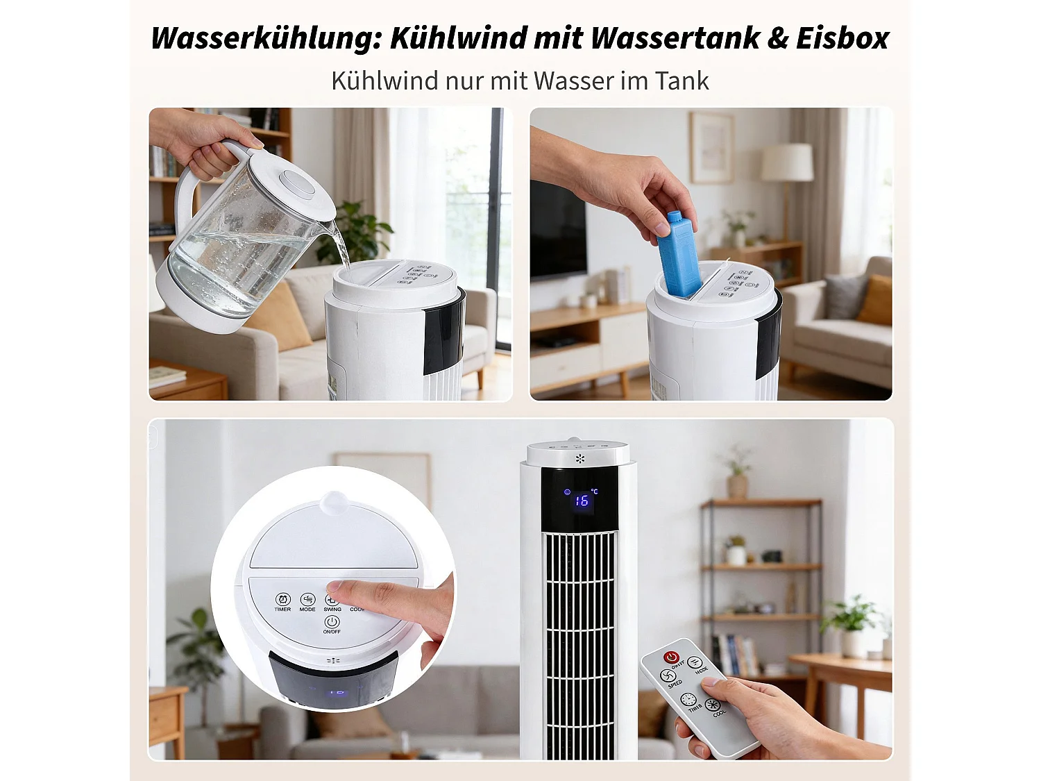 ZMH Ventilateur colonne rafraîchissant 3 modes 3 vitesses de ventilation oscillation 90° avce télécommande pour chambre bureau salon