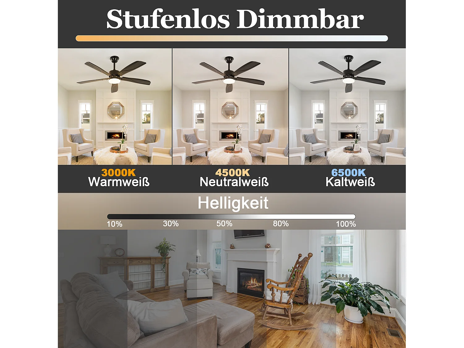 ZMH Ventilateur de plafond noir avec éclairage LED silencieux et réglable 23 W