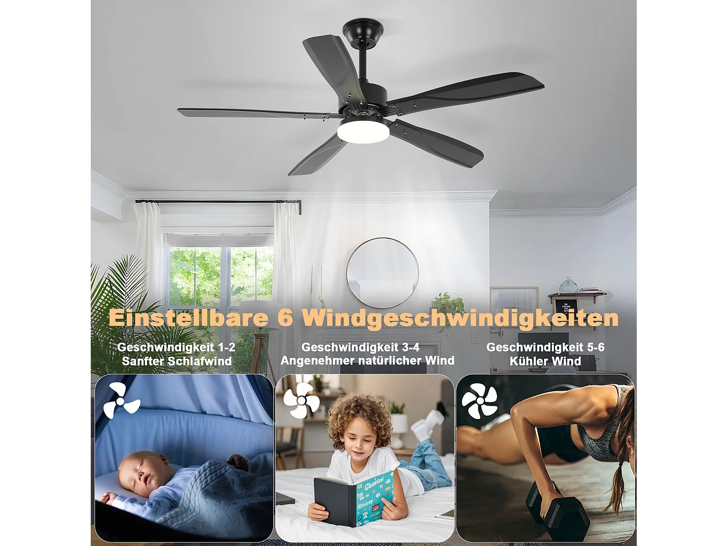 ZMH Ventilateur de plafond noir avec éclairage LED silencieux et réglable 23 W