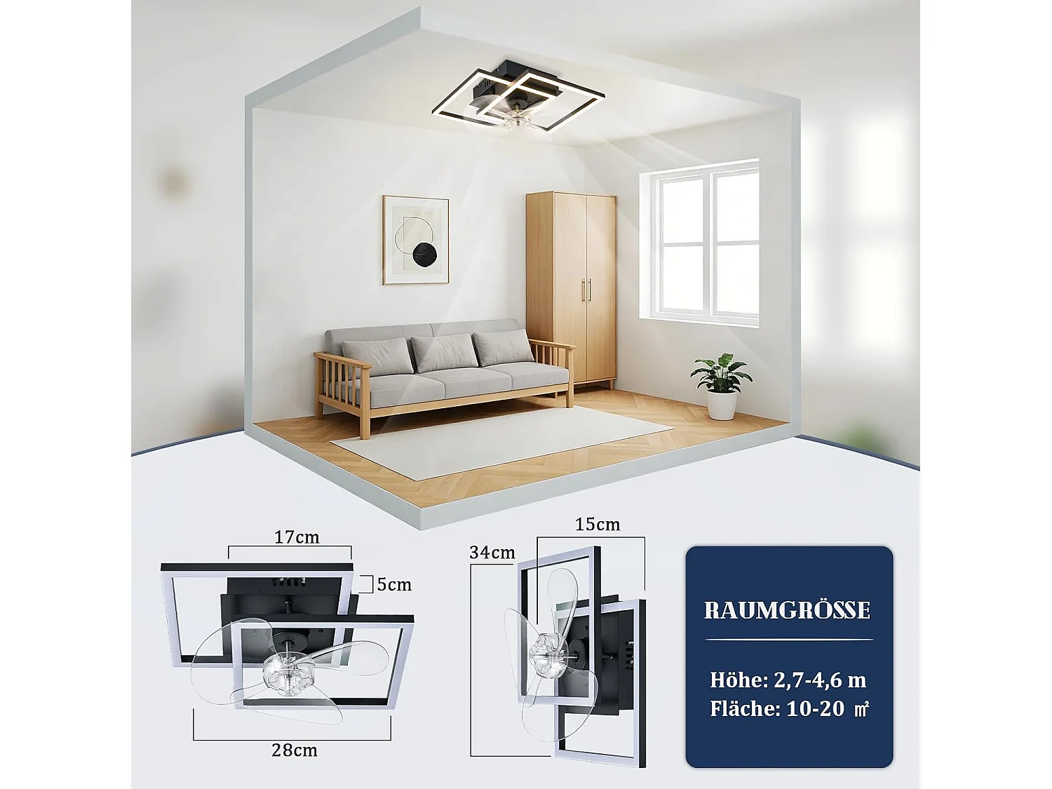 ZMH Ventilateur de plafond  LED silencieux noir avec éclairage moderne et télécommande intensité réglable vitesses minuterie pour chambre