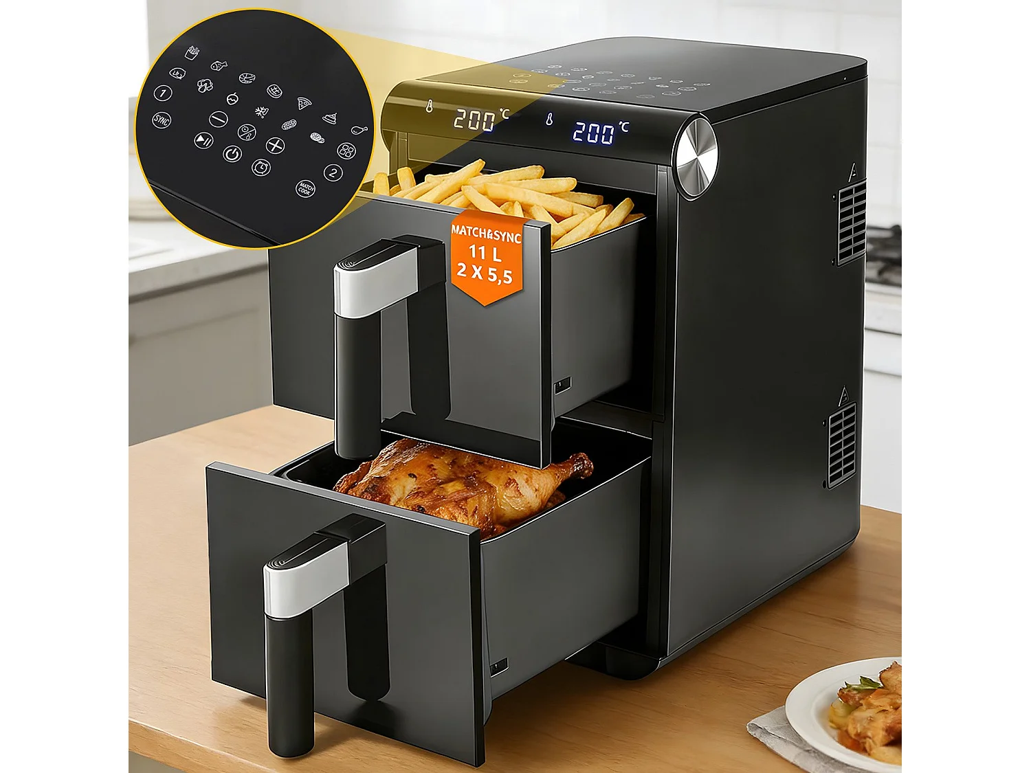 ZMH Friteuse à air chaud 2 compartiments 11L Friteuse à air chaud 13 en 1 à double zone Friteuse à air chaud 2800W avec écran tactile et minuterie
