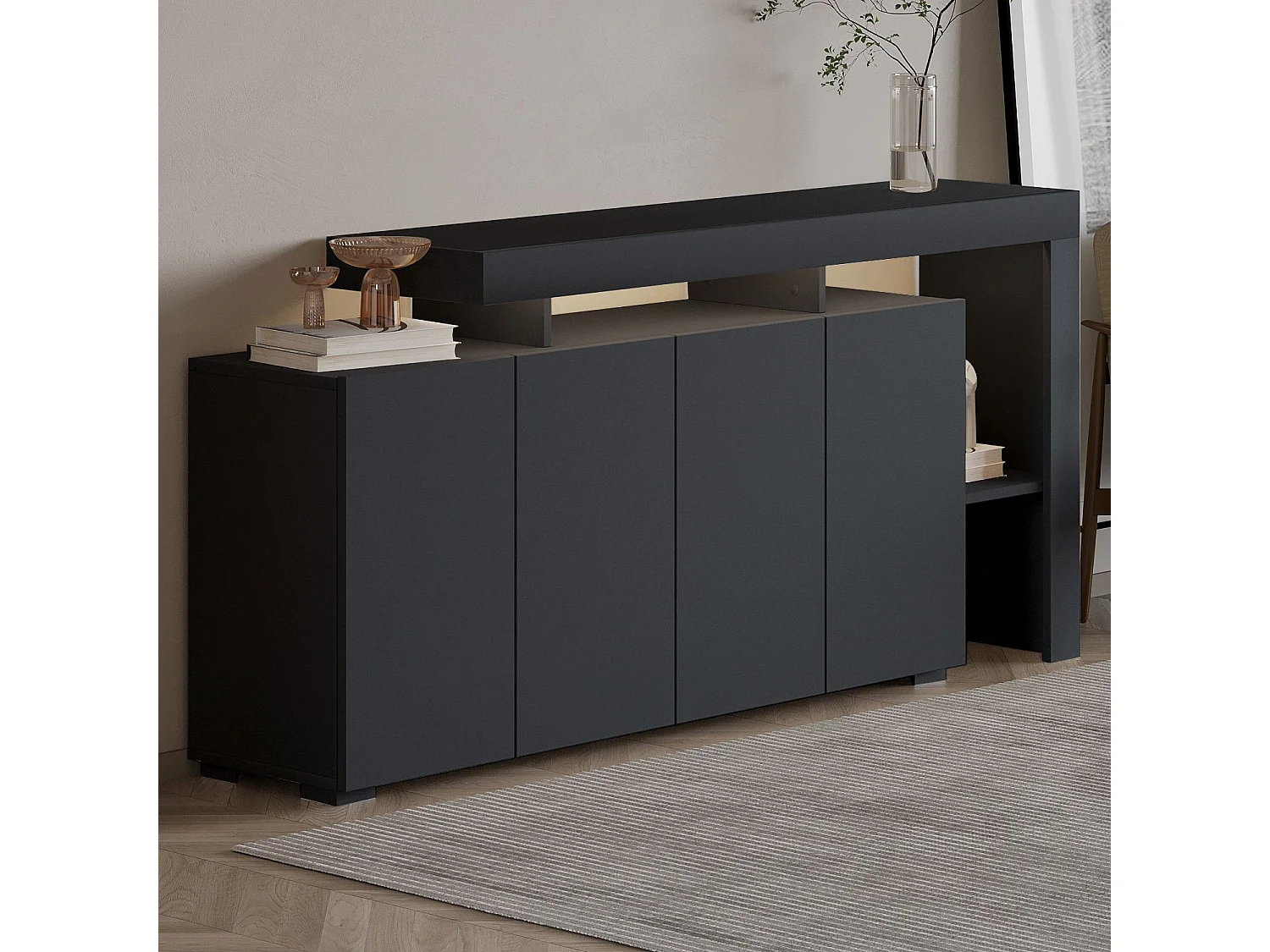 Houten Buffet "Beliz" - Antraciet, LED-verlichting, 170 x 35 x 80 cm, Minimalistische Stijl