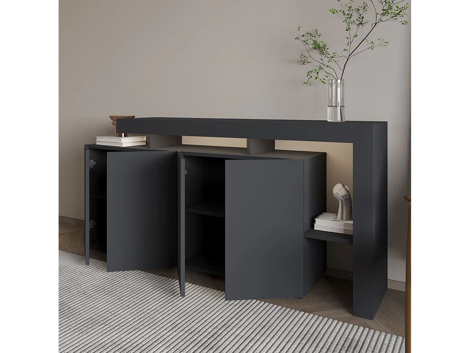 Houten Buffet "Beliz" - Antraciet, LED-verlichting, 170 x 35 x 80 cm, Minimalistische Stijl