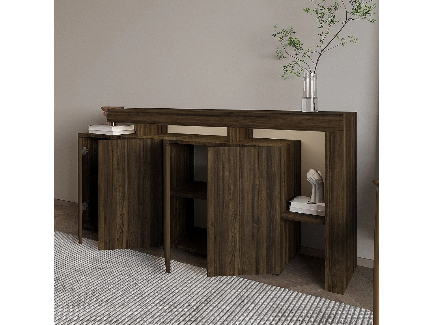 Houten buffet "Beliz" - Walnoot, LED-verlichting, 170 x 35 x 80 cm, Modern Design