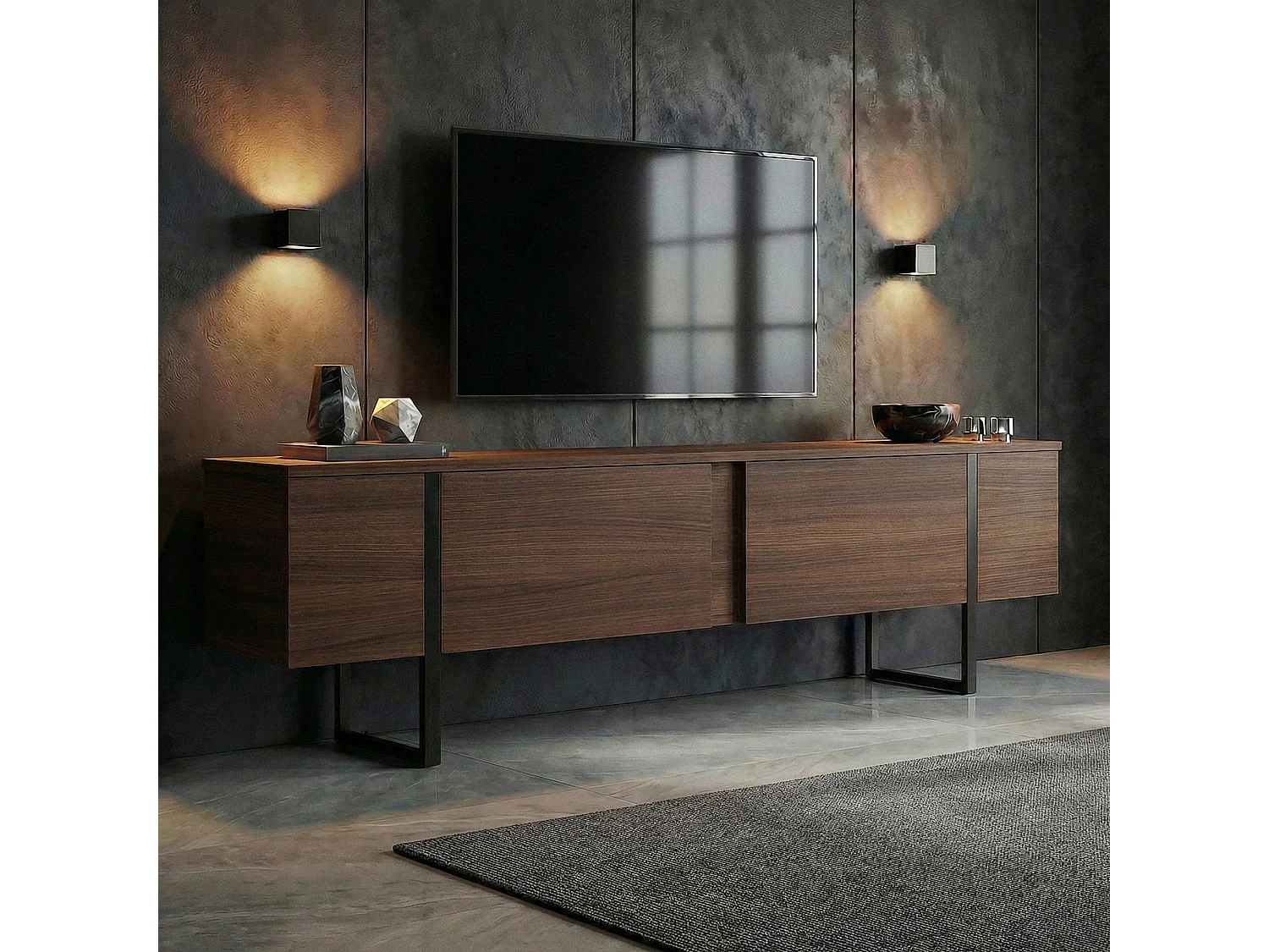 TV-Möbel aus Holz "Onera" - 180 x 30 x 50 cm - Nussbaum / Schwarz