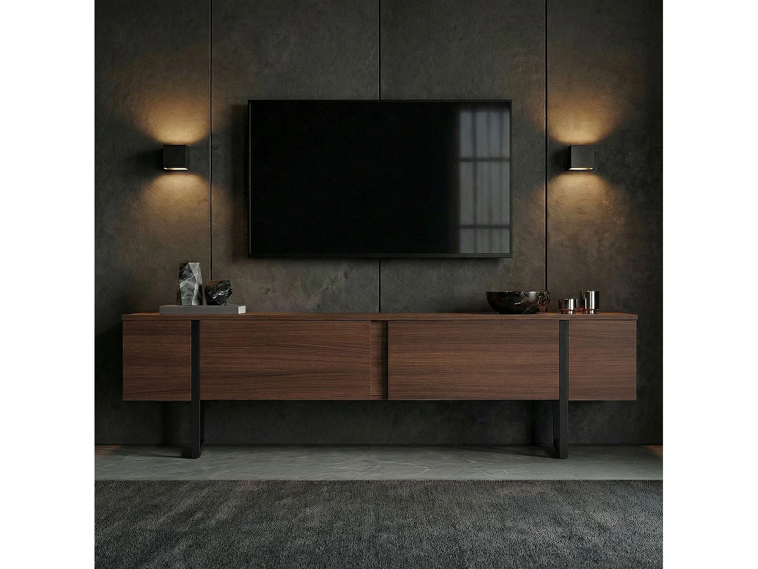 TV-Möbel aus Holz "Onera" - 180 x 30 x 50 cm - Nussbaum / Schwarz