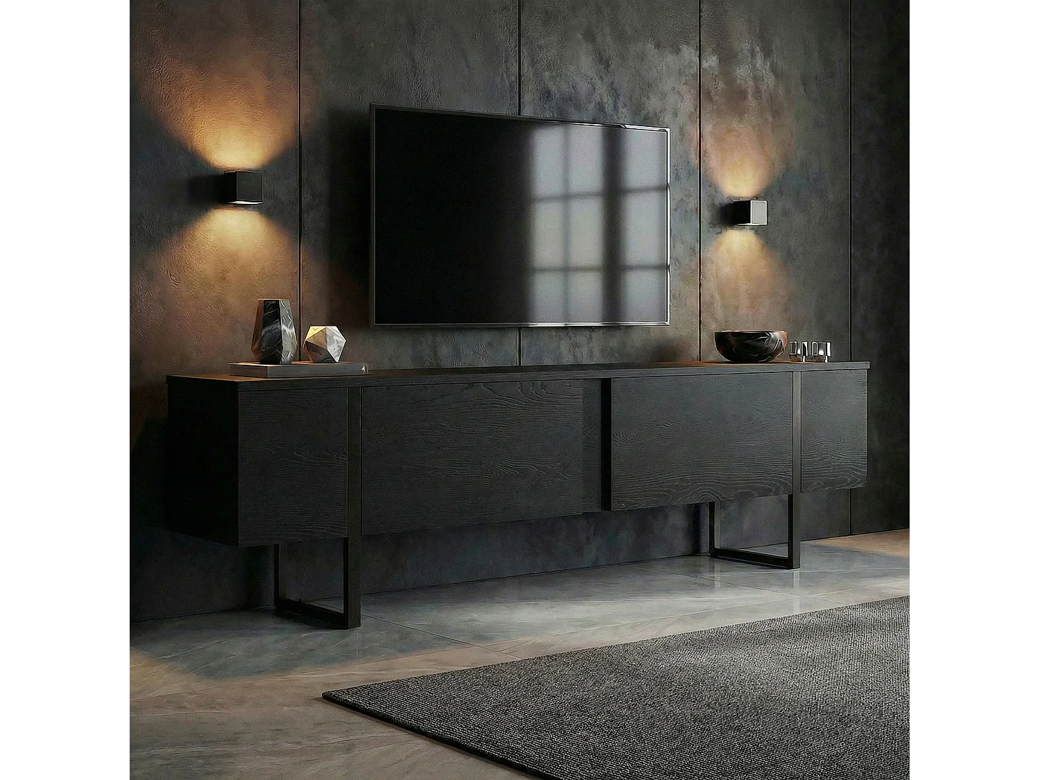 TV-Möbel aus Holz "Onera" - 180 x 30 x 50 cm - Holz Schwarz / Schwarz