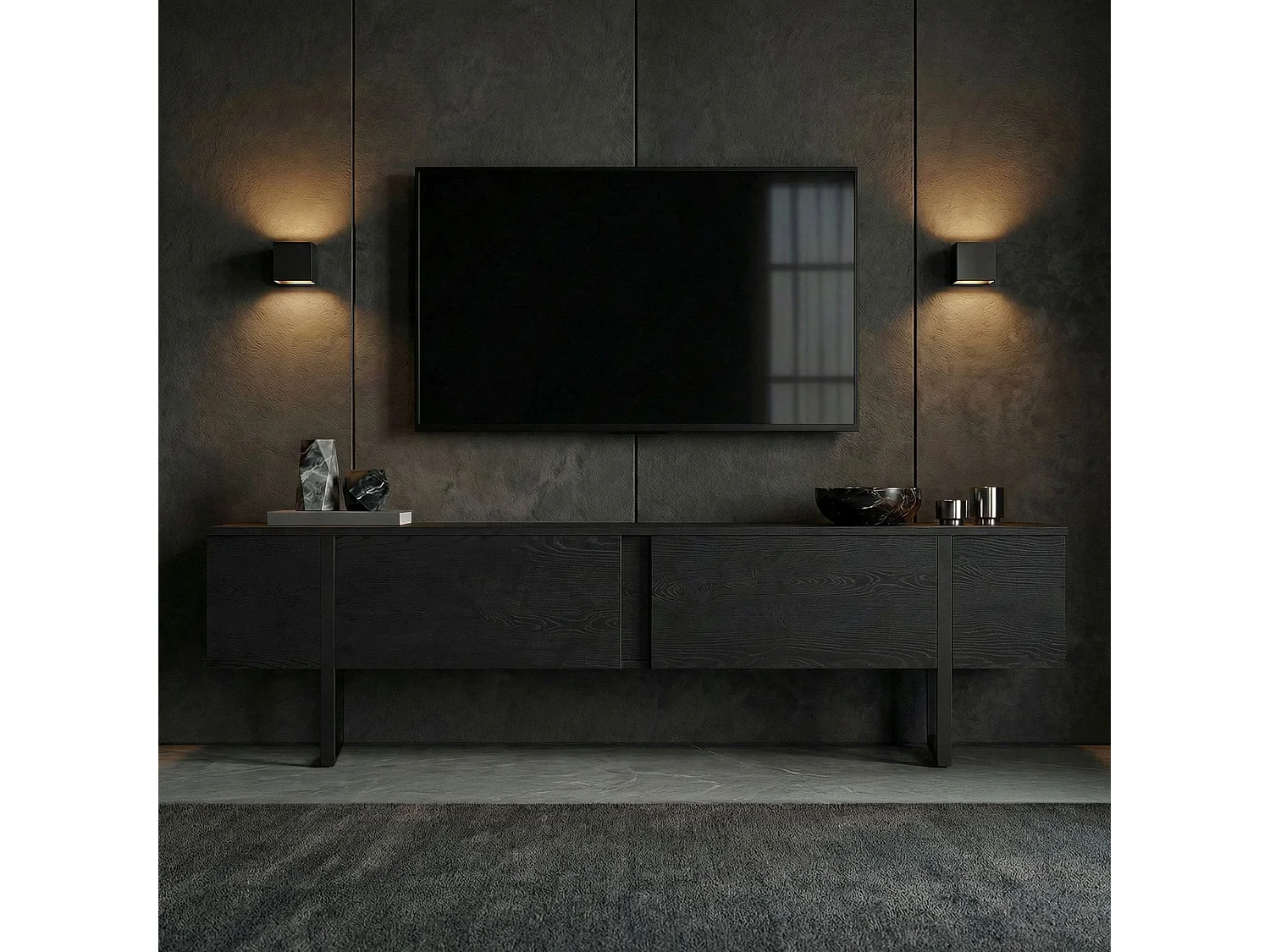 TV-Möbel aus Holz "Onera" - 180 x 30 x 50 cm - Holz Schwarz / Schwarz