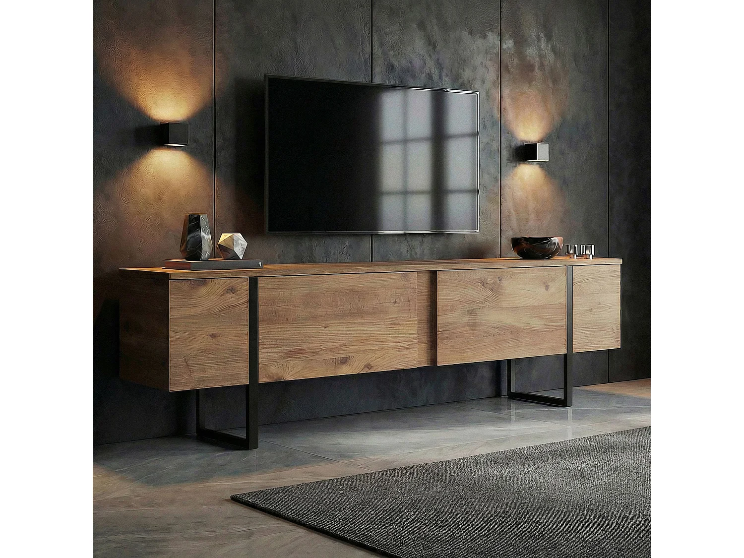 TV-Möbel aus Holz "Onera" - 180 x 30 x 50 cm - Atlantikkiefer / Schwarz