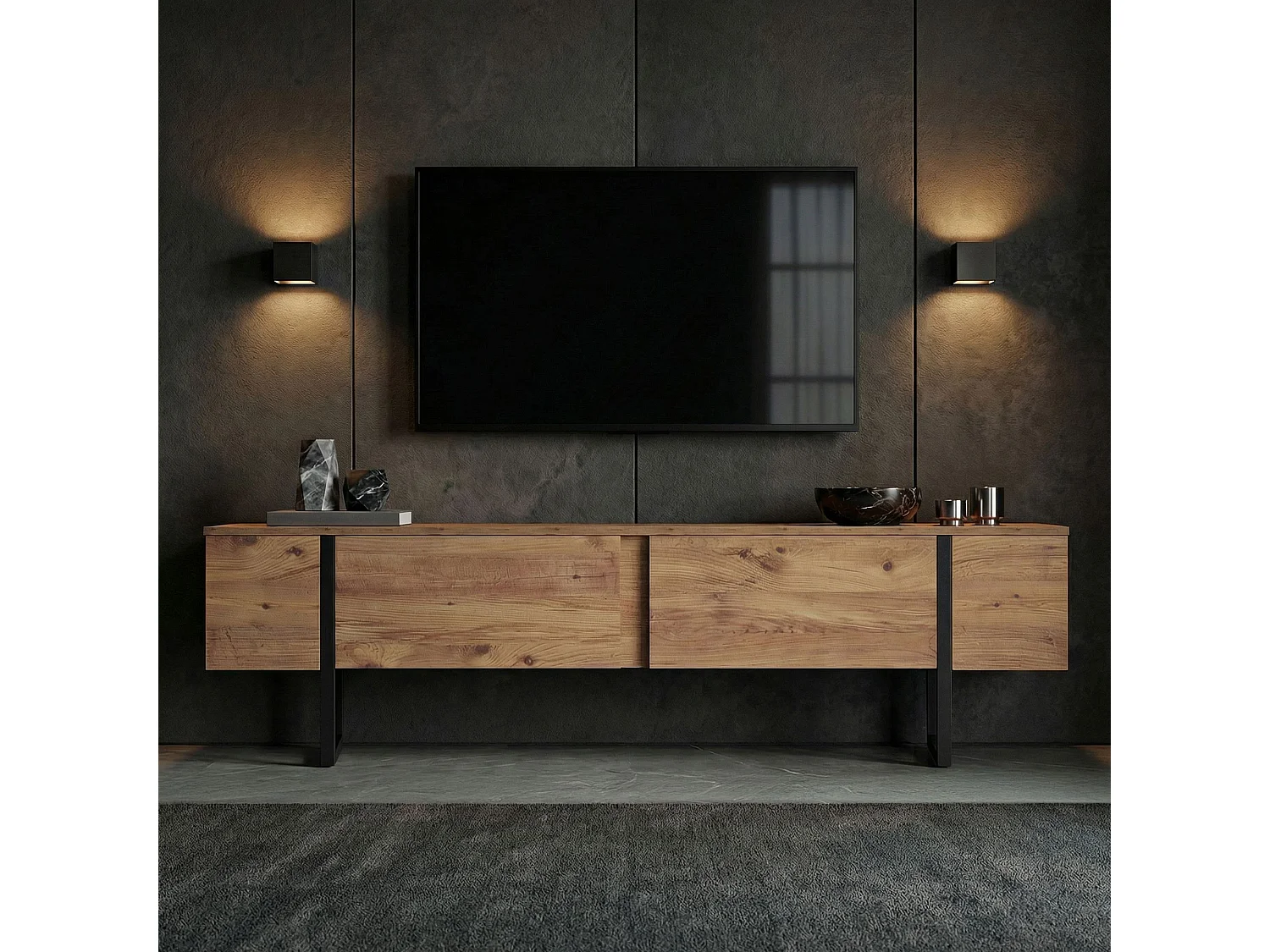 TV-Möbel aus Holz "Onera" - 180 x 30 x 50 cm - Atlantikkiefer / Schwarz