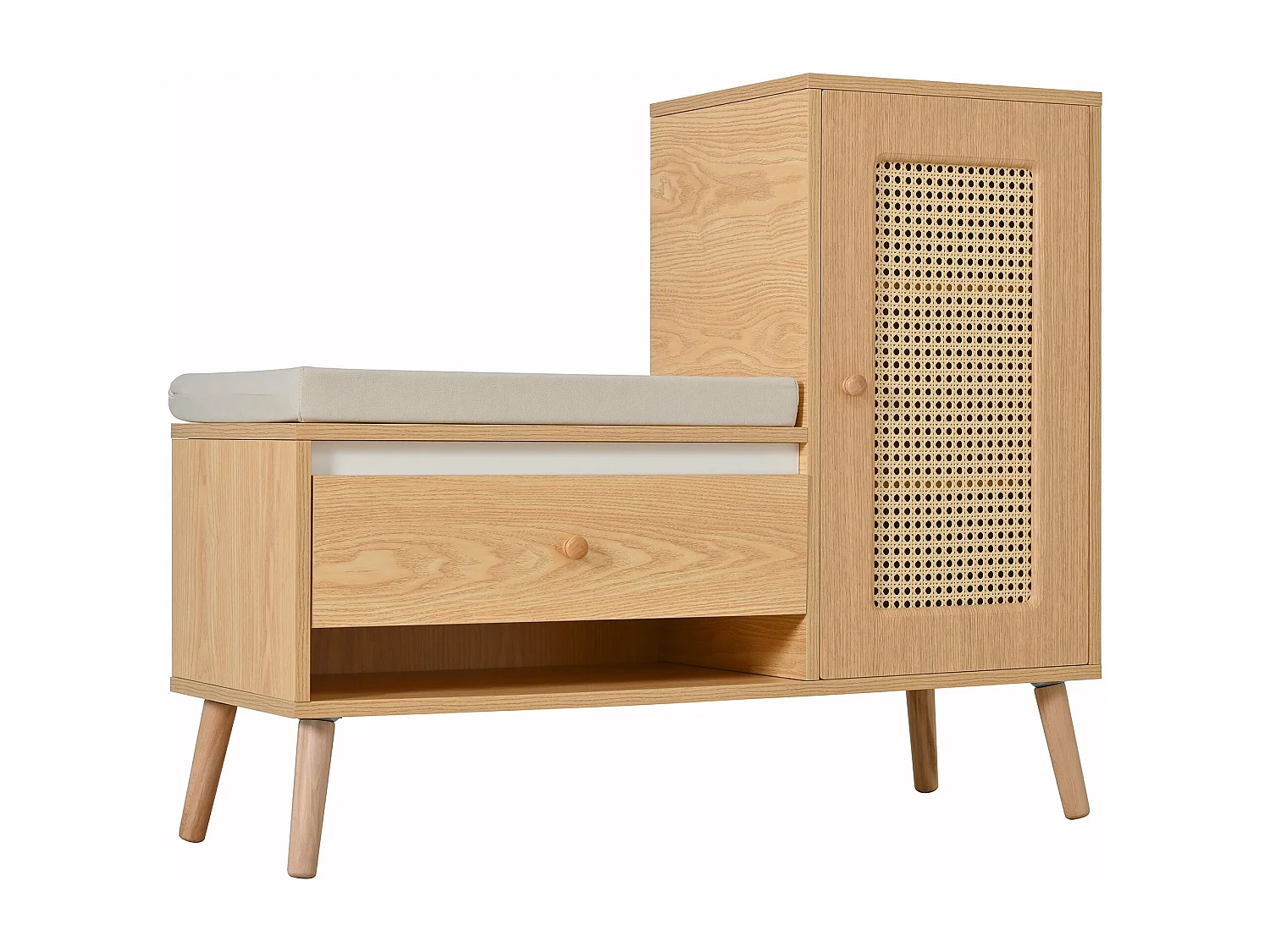 Meuble à chaussures effet bois en rotin coussin gris 95,5x35x80,5cm