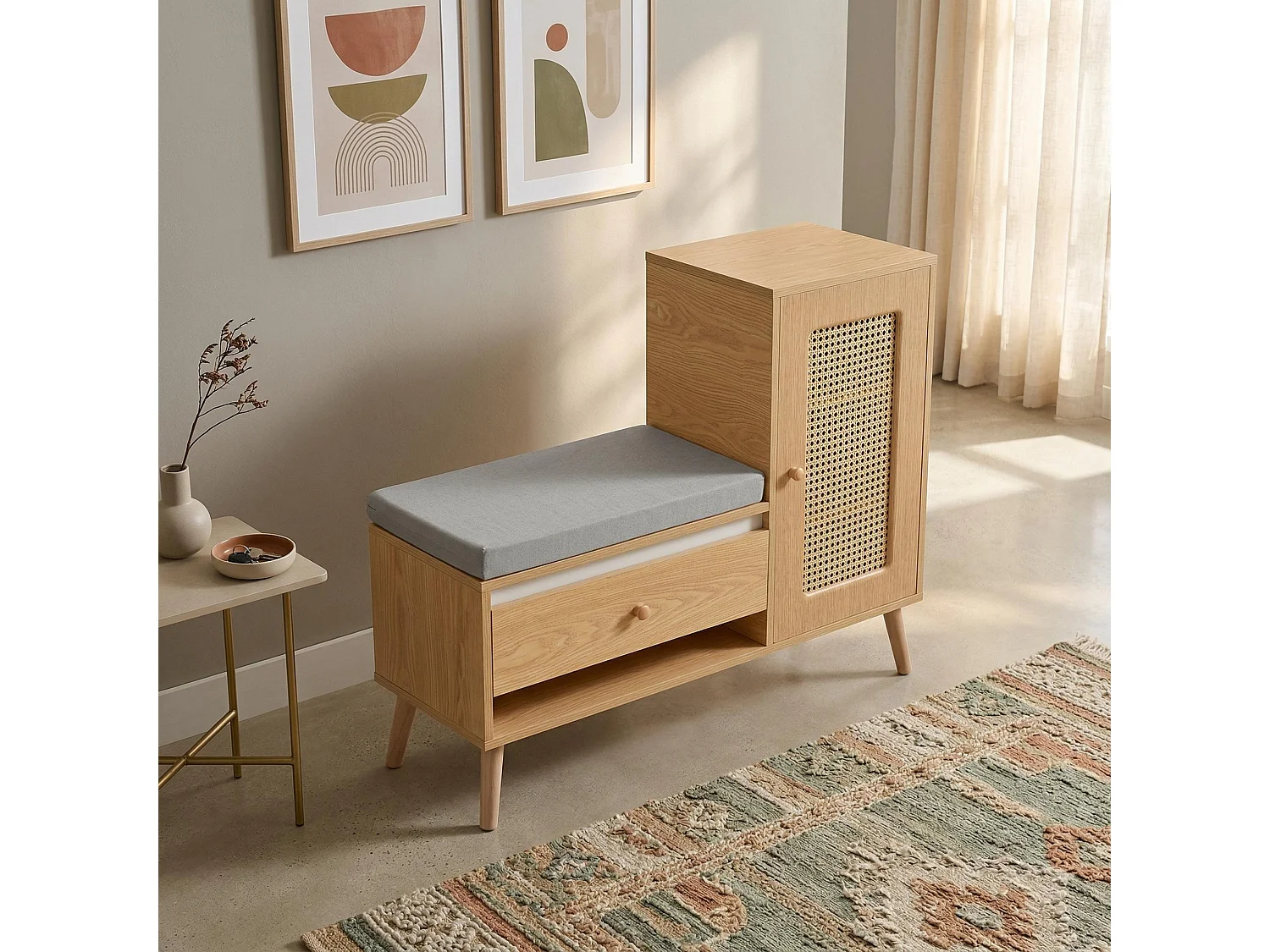 Meuble à chaussures effet bois en rotin coussin gris 95,5x35x80,5cm