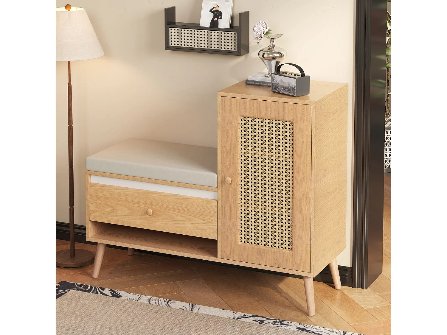 Meuble à chaussures effet bois en rotin coussin gris 95,5x35x80,5cm