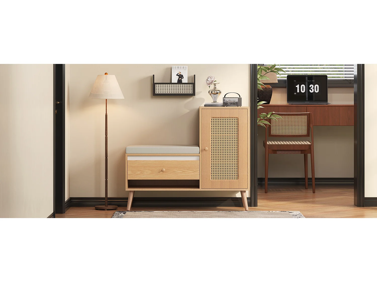 Meuble à chaussures effet bois en rotin coussin gris 95,5x35x80,5cm