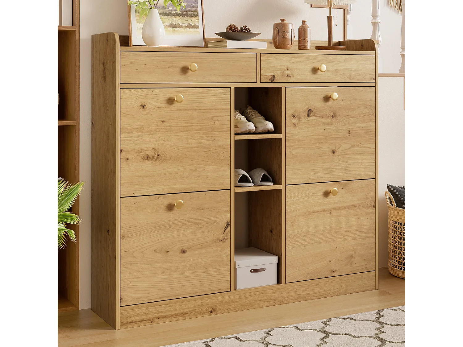 Meuble à chaussures effet bois 4 abattants, 2 tiroirs, 3 niches 110x26x100cm