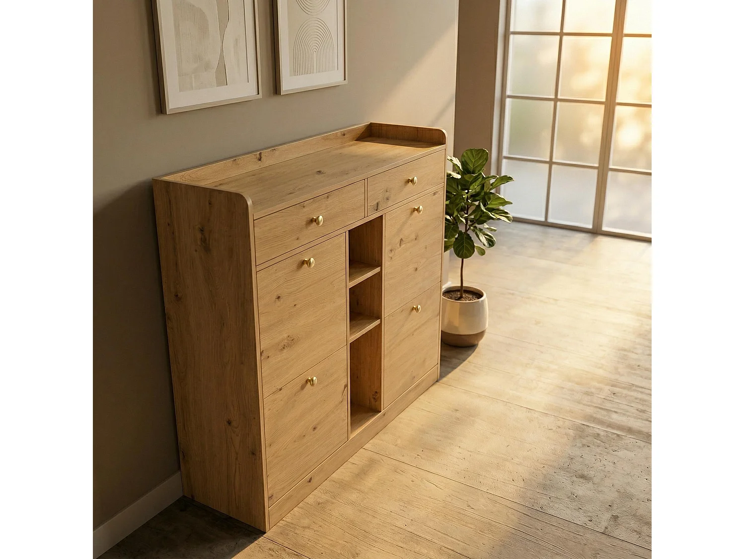 Meuble à chaussures effet bois 4 abattants, 2 tiroirs, 3 niches 110x26x100cm