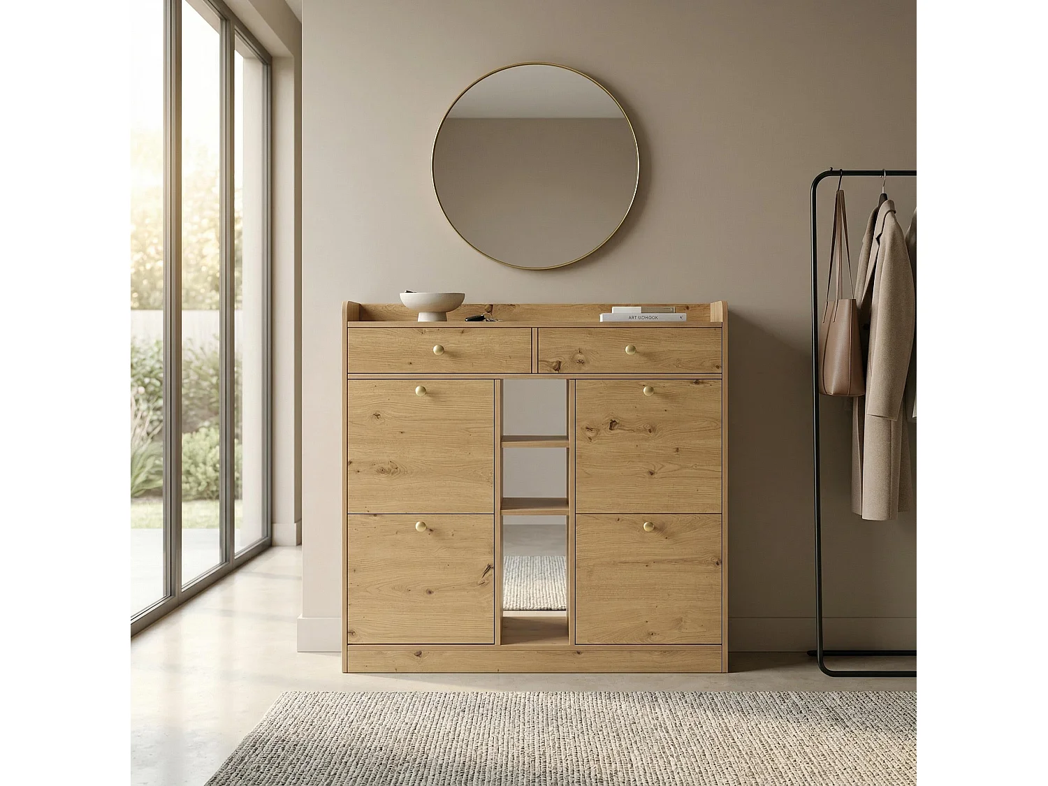 Meuble à chaussures effet bois 4 abattants, 2 tiroirs, 3 niches 110x26x100cm