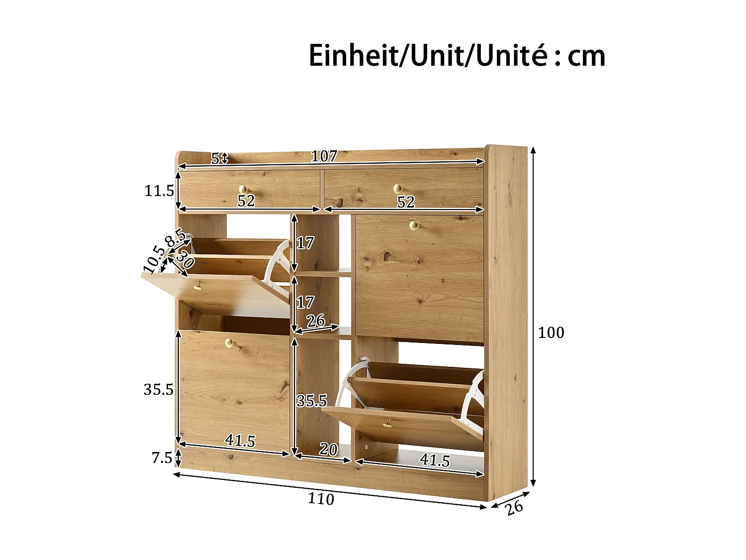 Meuble à chaussures effet bois 4 abattants, 2 tiroirs, 3 niches 110x26x100cm