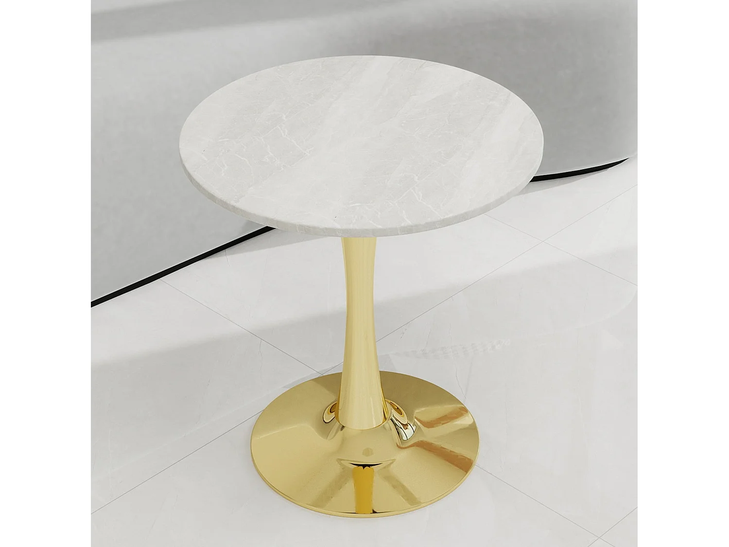 Table de salle à manger ronde effet marbre blanc pied doré 2-4 personnes, 70 cm