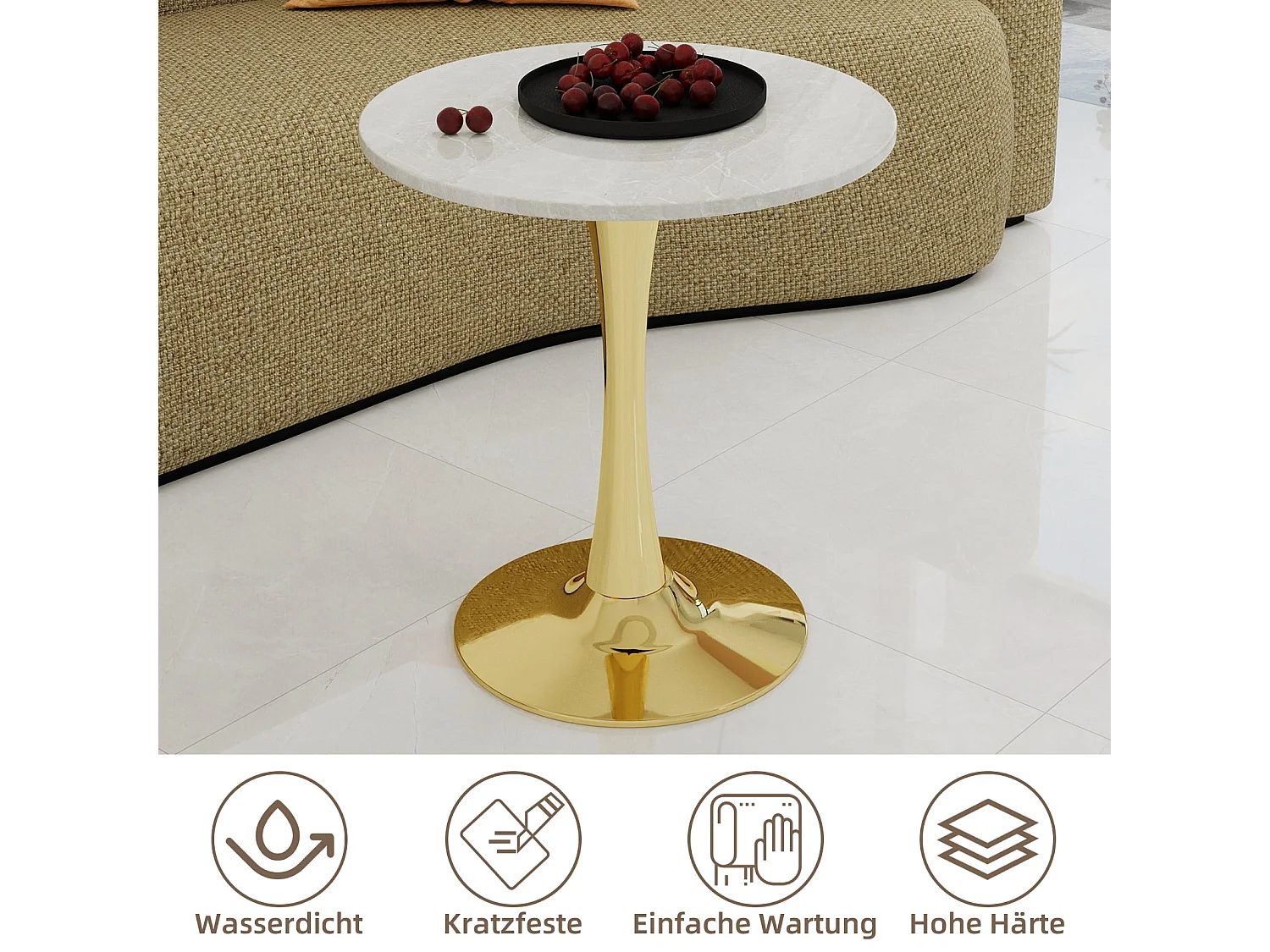 Table de salle à manger ronde effet marbre blanc pied doré 2-4 personnes, 70 cm