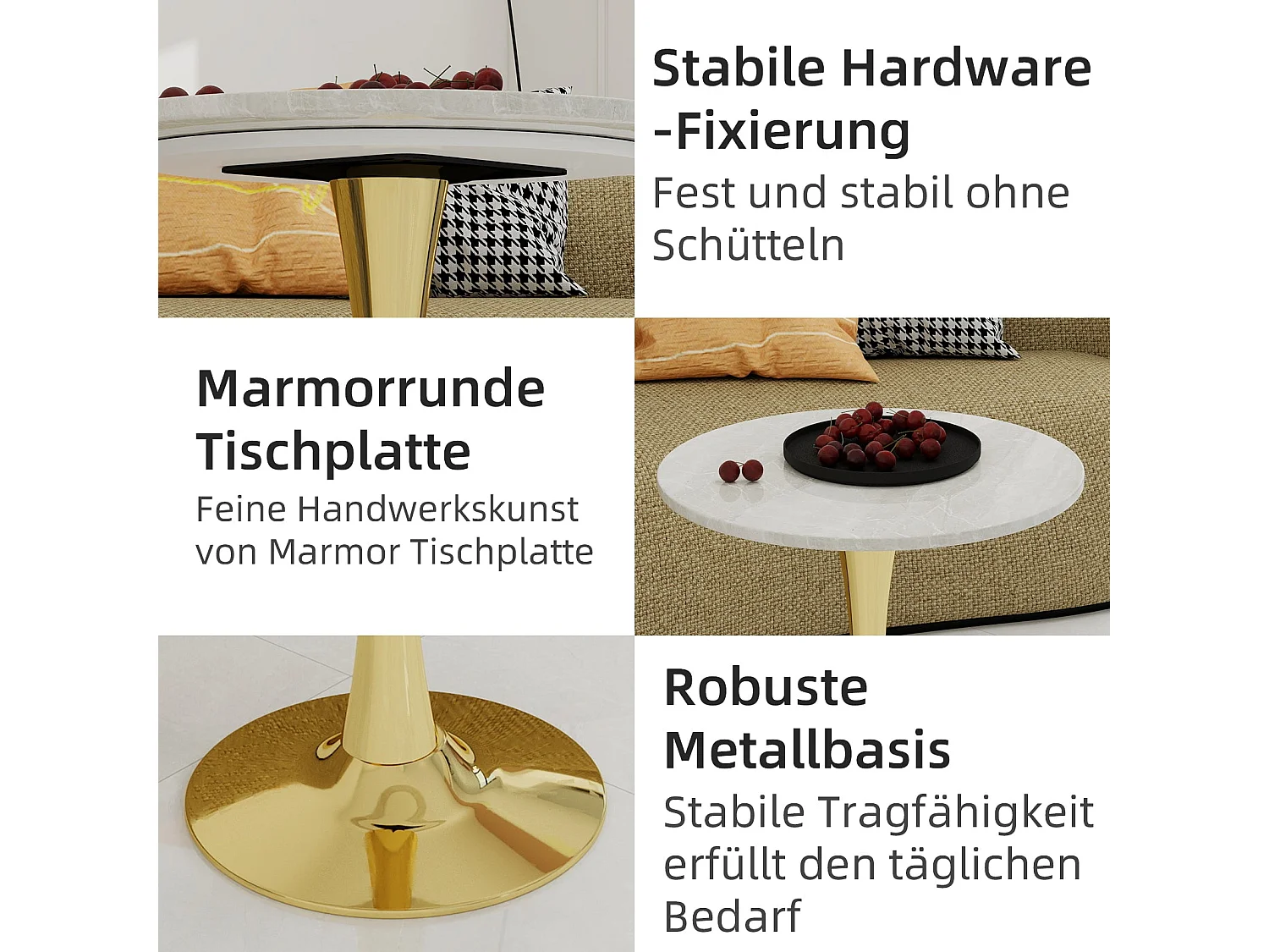 Table de salle à manger ronde effet marbre blanc pied doré 2-4 personnes, 70 cm