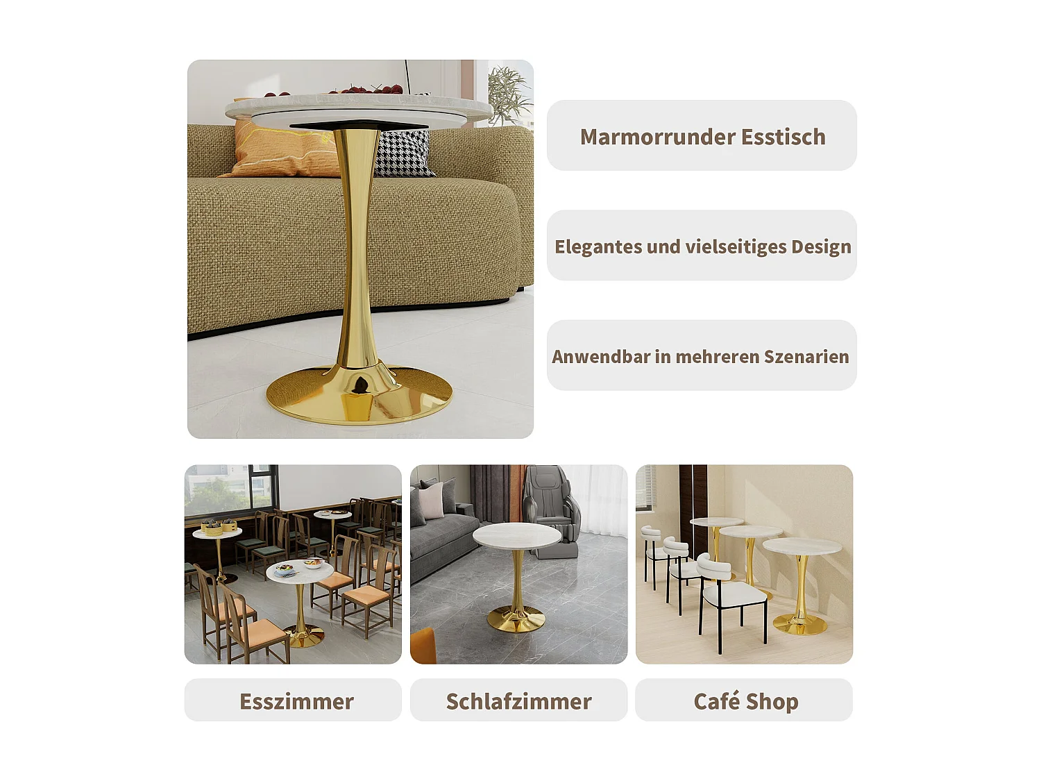 Table de salle à manger ronde effet marbre blanc pied doré 2-4 personnes, 70 cm