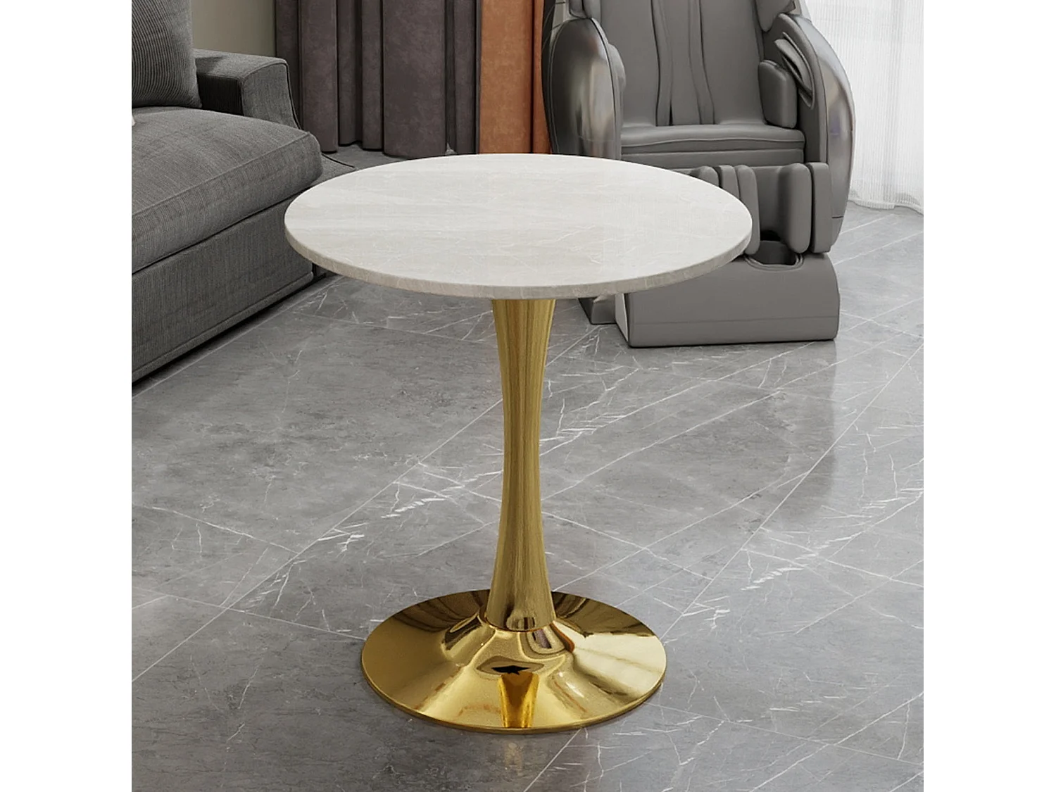 Table de salle à manger ronde effet marbre blanc pied doré 2-4 personnes, 70 cm