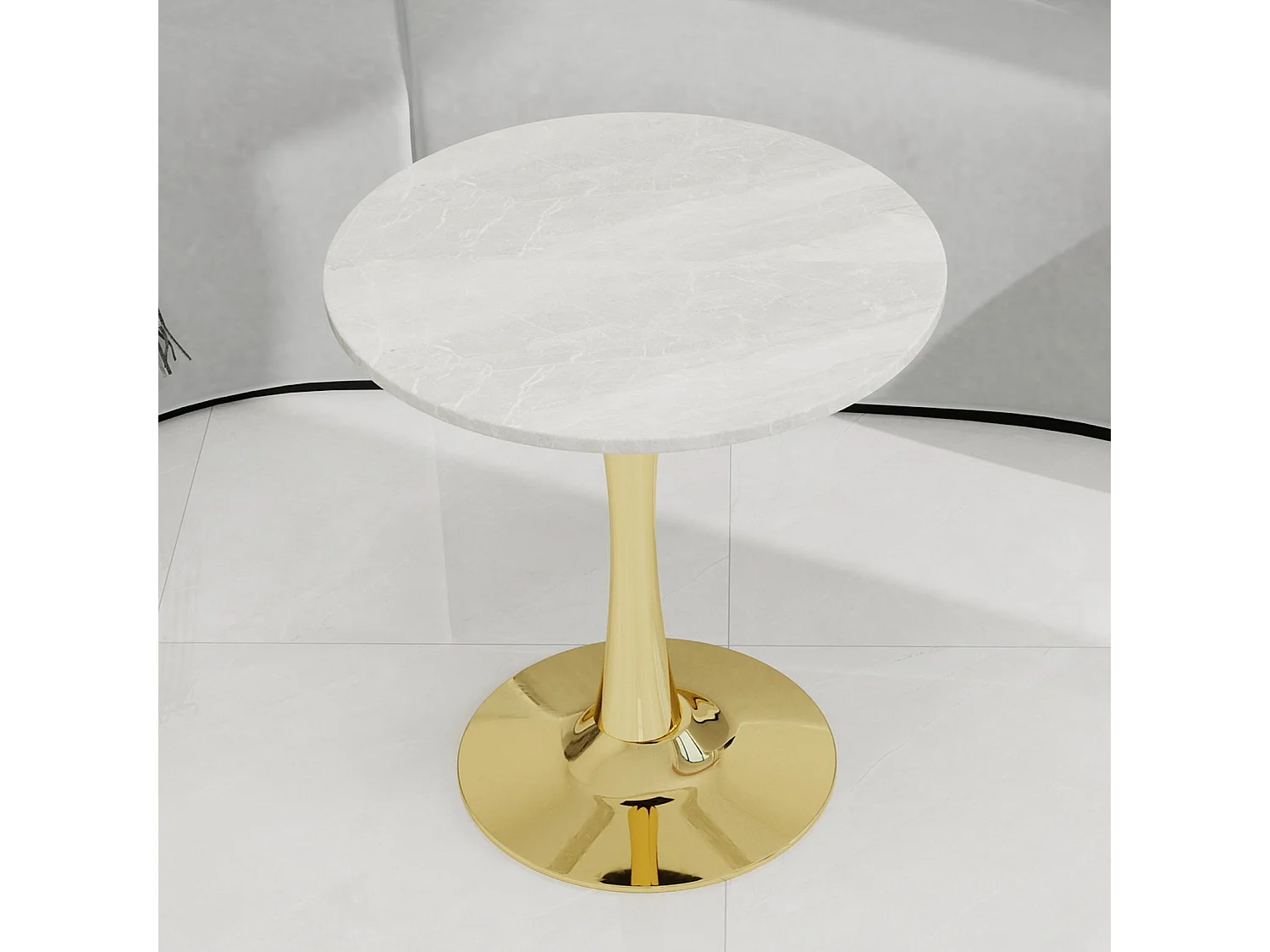 Table de salle à manger ronde effet marbre blanc pied doré 2-4 personnes, 70 cm
