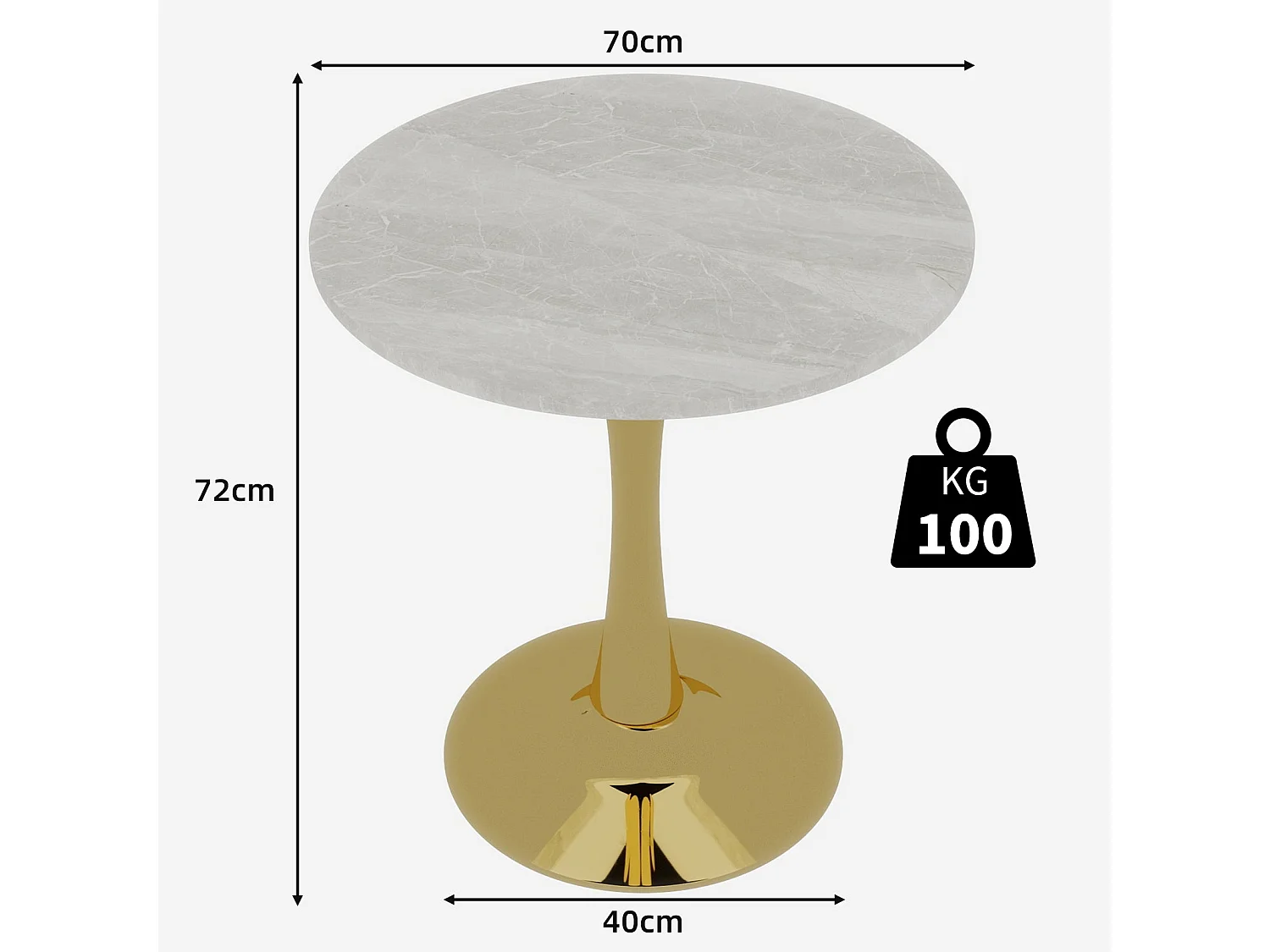 Table de salle à manger ronde effet marbre blanc pied doré 2-4 personnes, 70 cm