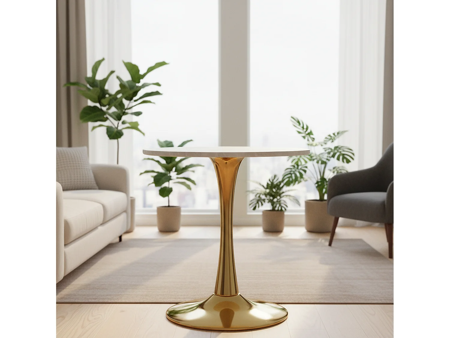 Table de salle à manger ronde effet marbre blanc pied doré 2-4 personnes, 70 cm