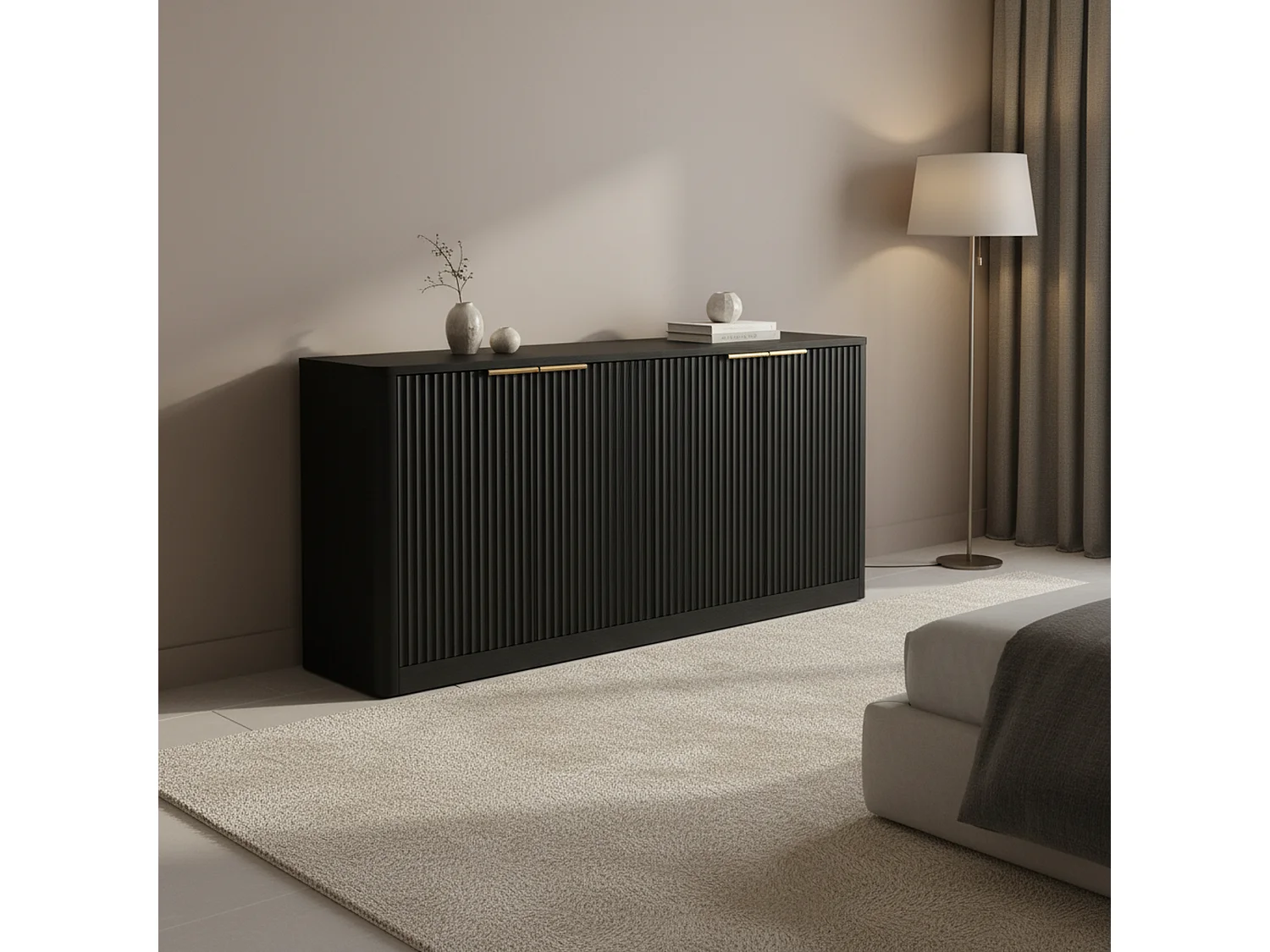 Buffet noir 4 portes façade ondulé et détails dorés 150x40x70,5cm