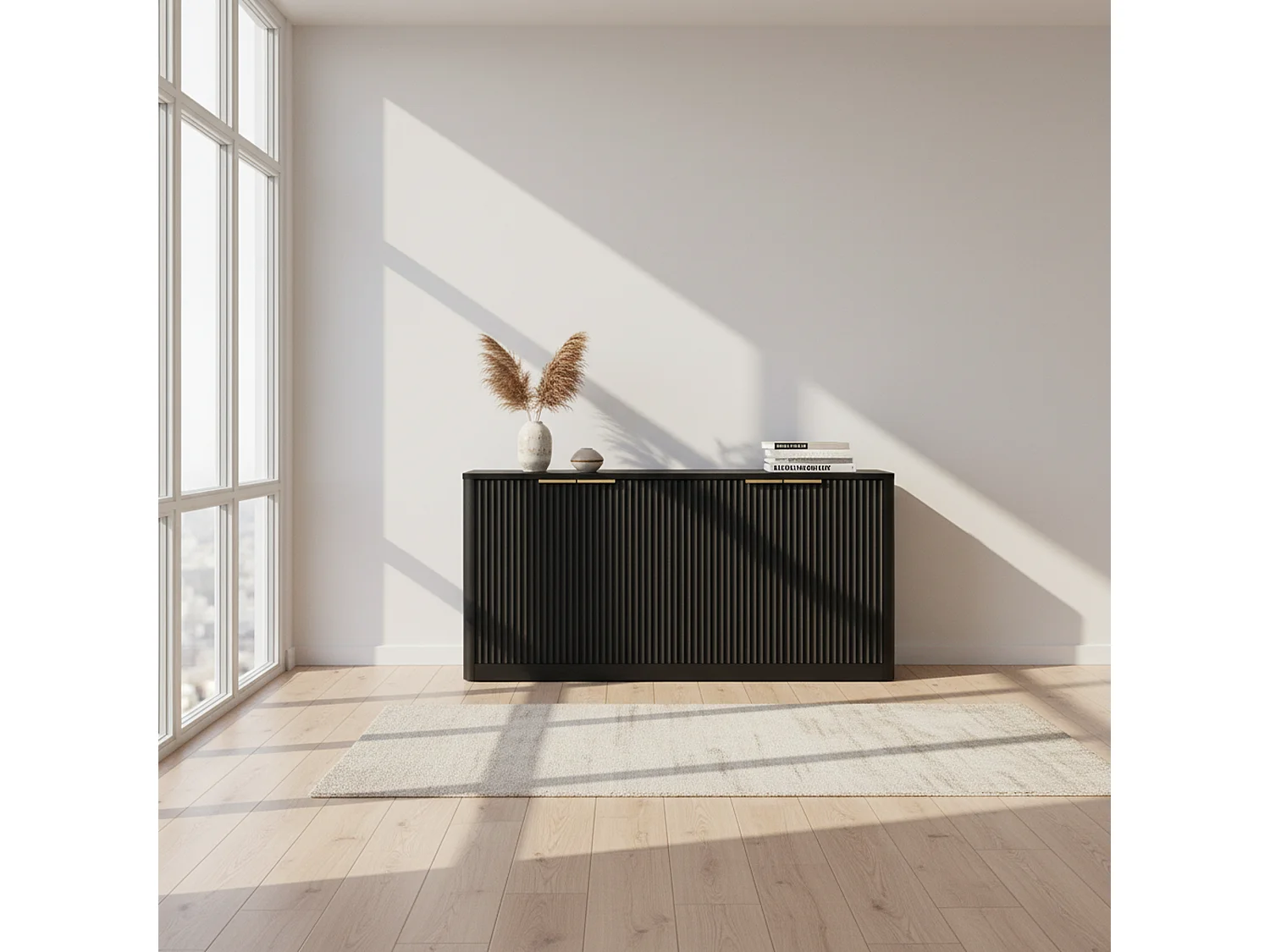 Buffet noir 4 portes façade ondulé et détails dorés 150x40x70,5cm