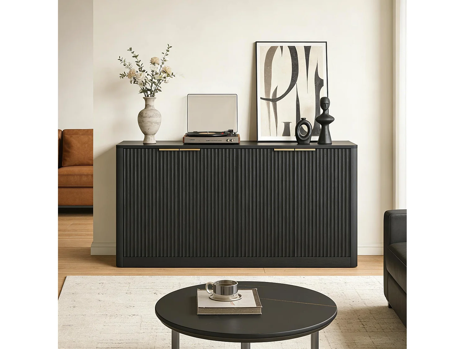 Buffet noir 4 portes façade ondulé et détails dorés 150x40x70,5cm