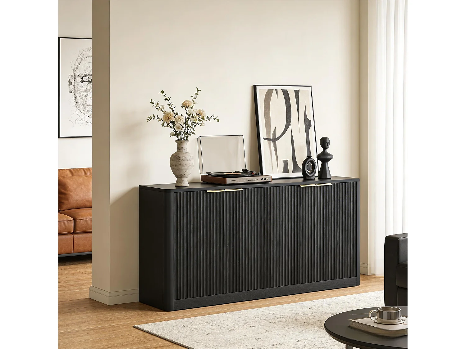 Buffet noir 4 portes façade ondulé et détails dorés 150x40x70,5cm