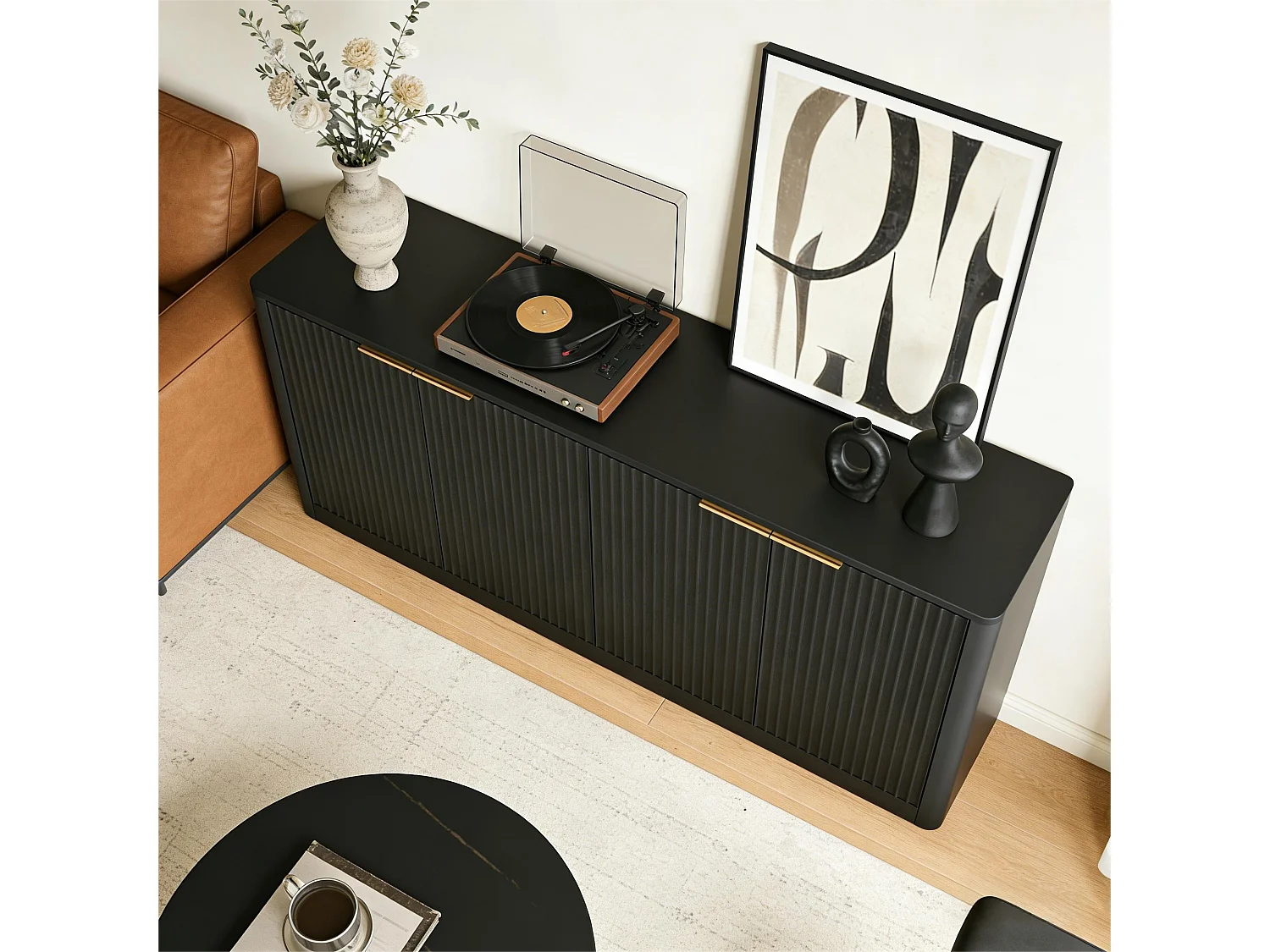 Buffet noir 4 portes façade ondulé et détails dorés 150x40x70,5cm