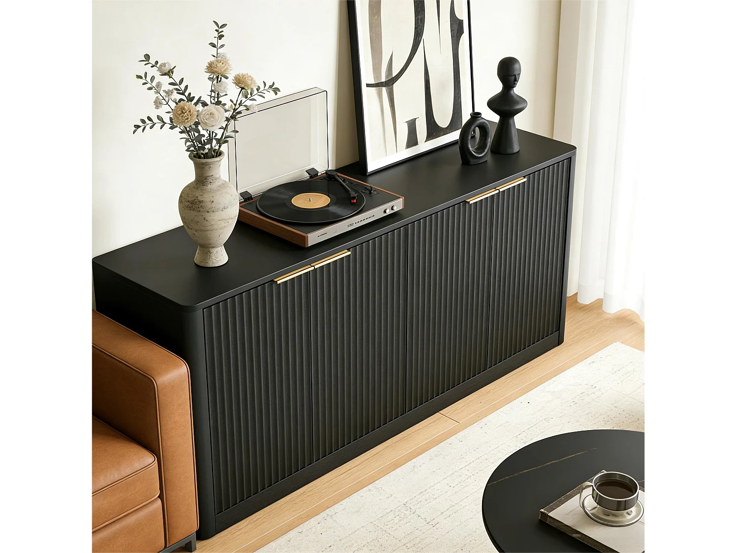 Buffet noir 4 portes façade ondulé et détails dorés 150x40x70,5cm