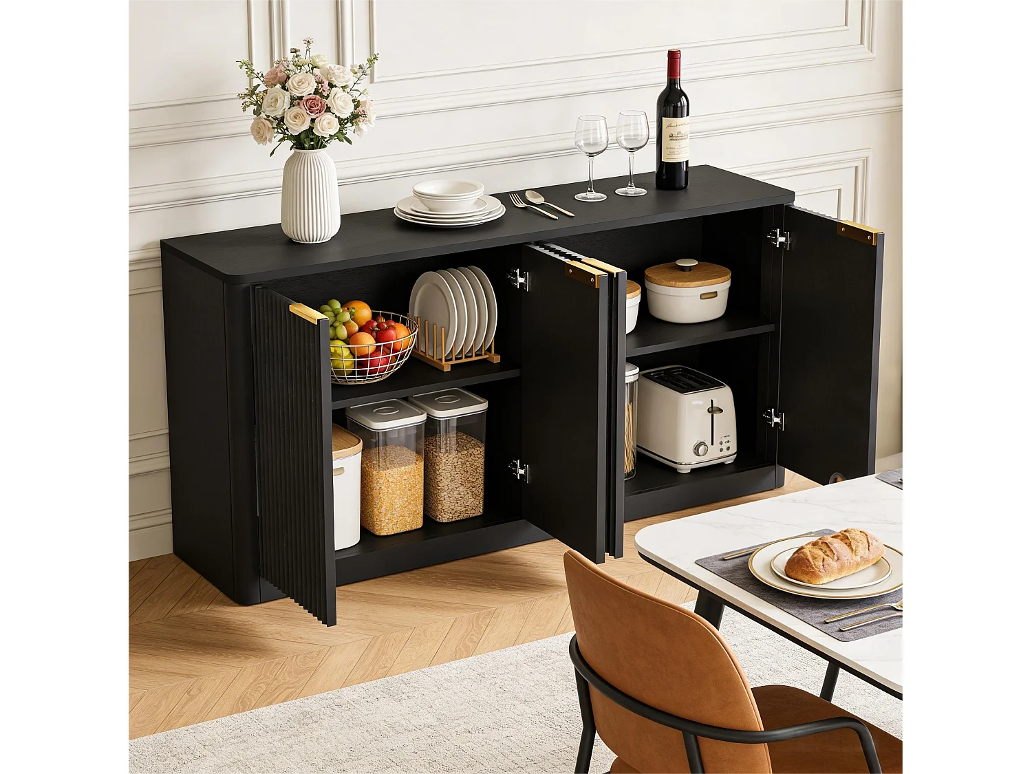 Buffet noir 4 portes façade ondulé et détails dorés 150x40x70,5cm