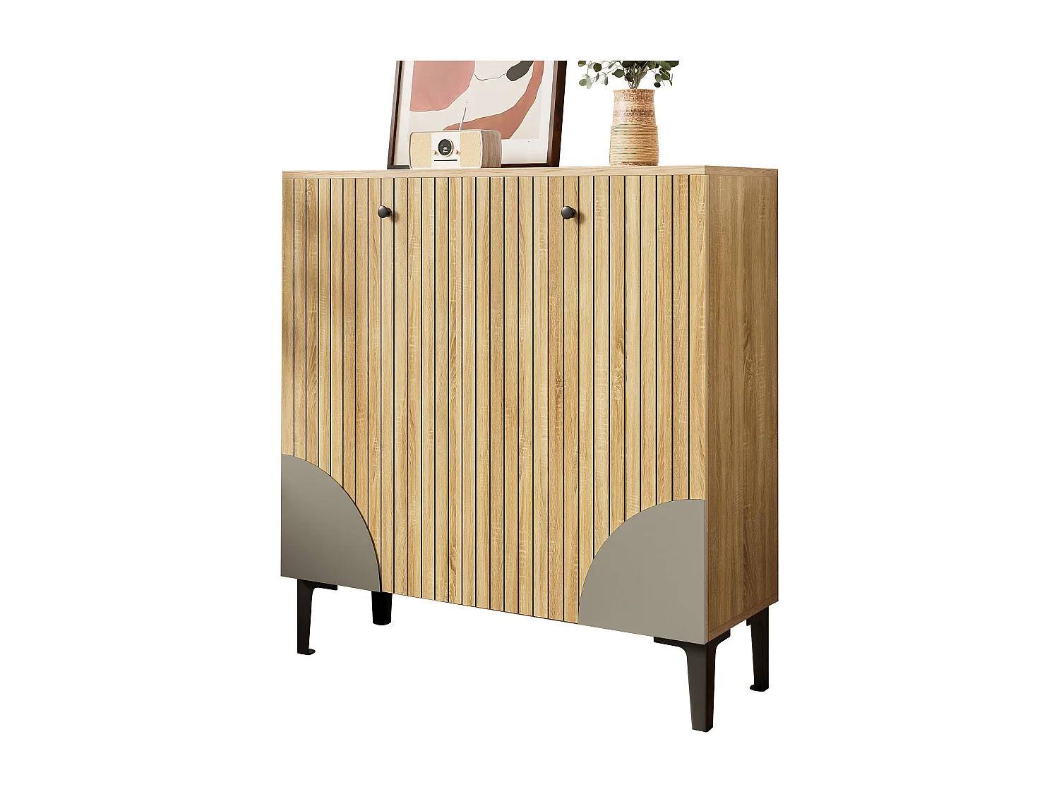 Meuble à chaussures effet bois avec 3 portes cannelées 90x32x94cm