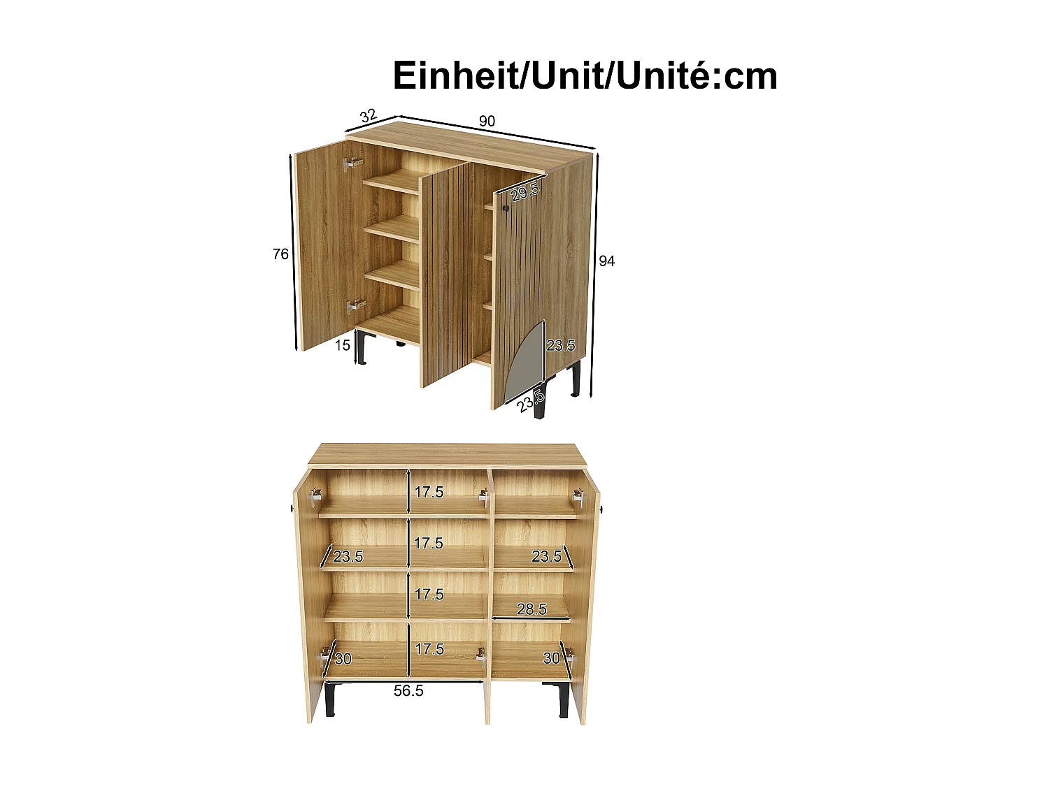 Meuble à chaussures effet bois avec 3 portes cannelées 90x32x94cm