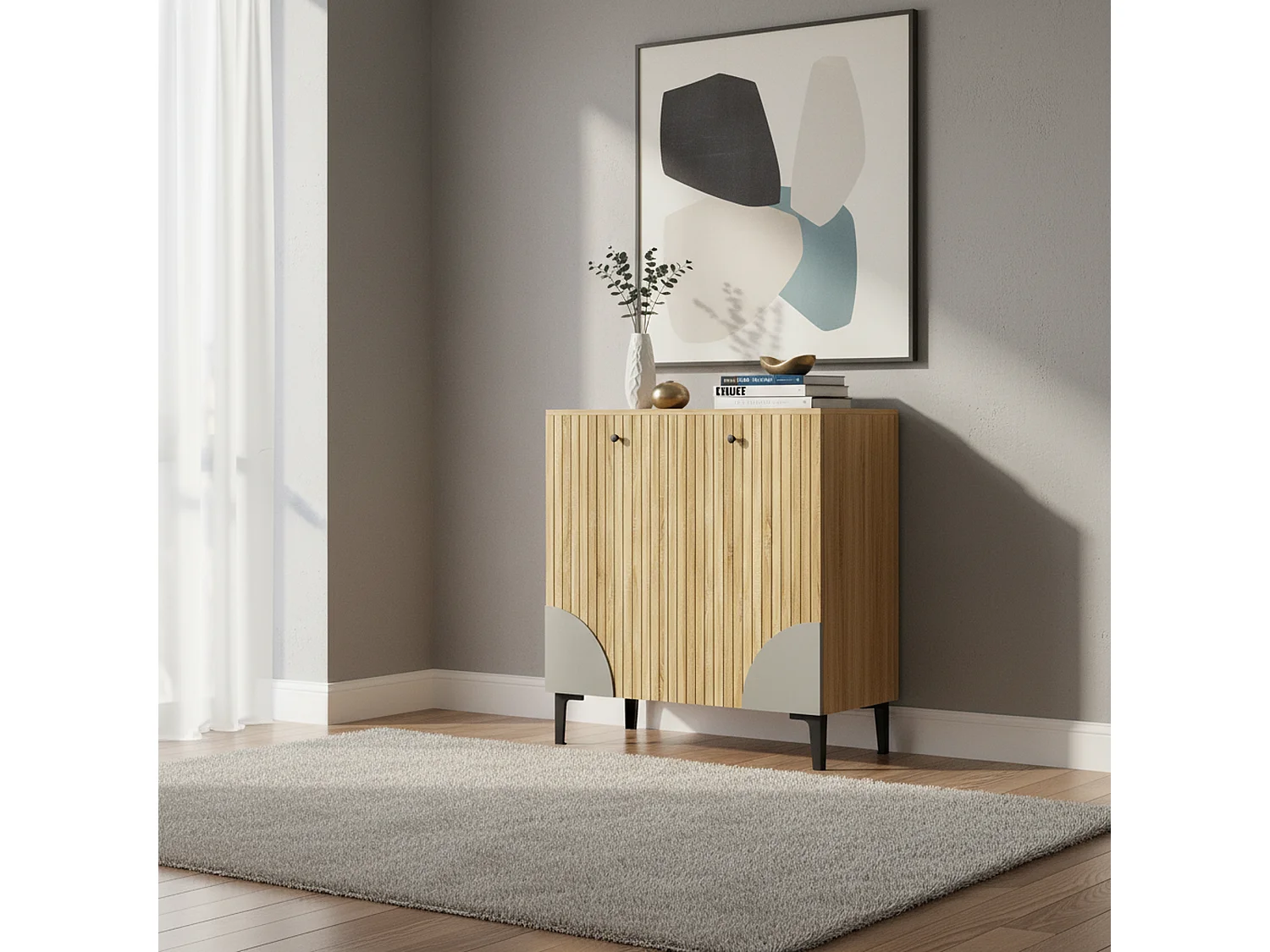 Meuble à chaussures effet bois avec 3 portes cannelées 90x32x94cm