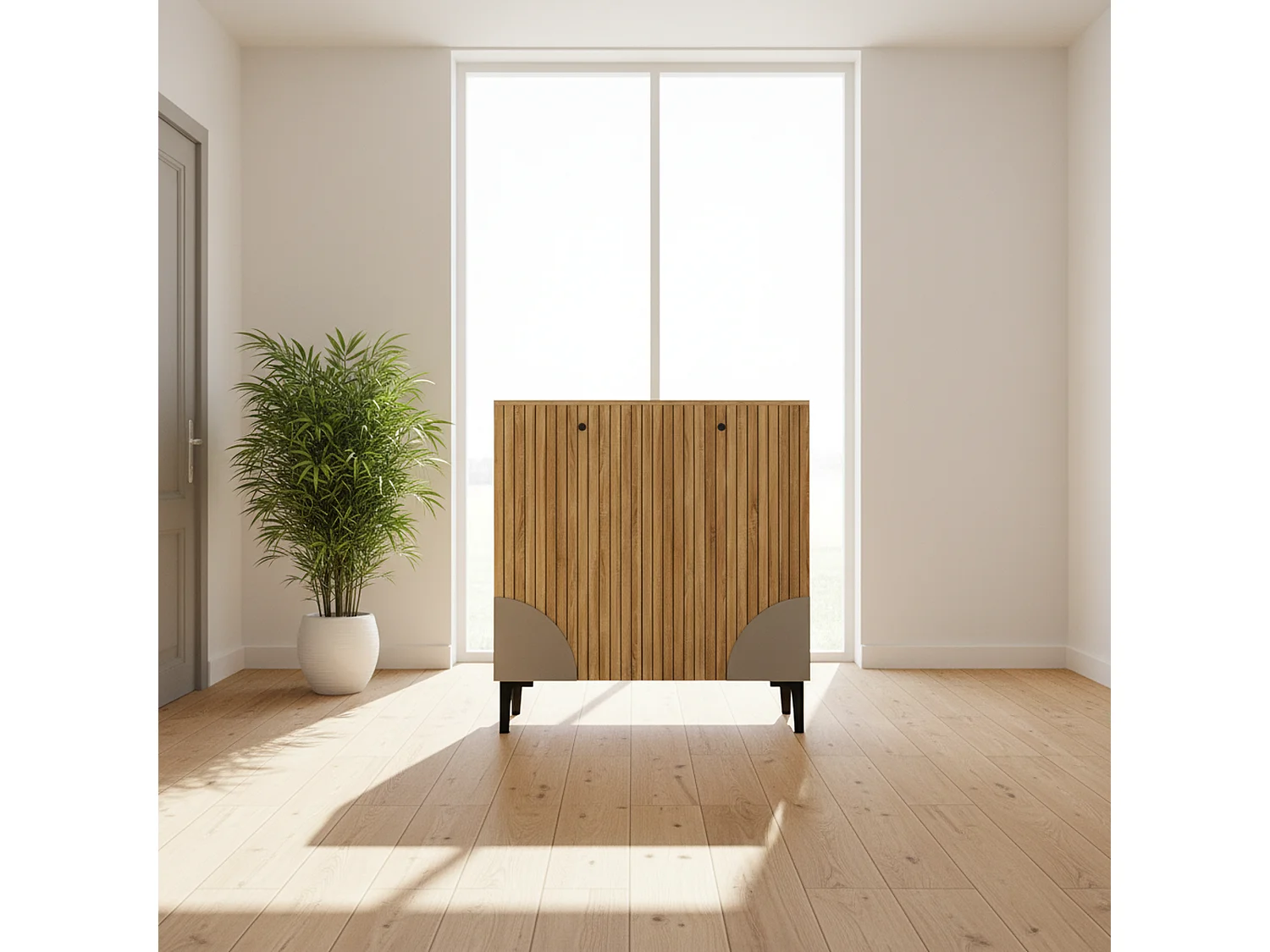 Meuble à chaussures effet bois avec 3 portes cannelées 90x32x94cm