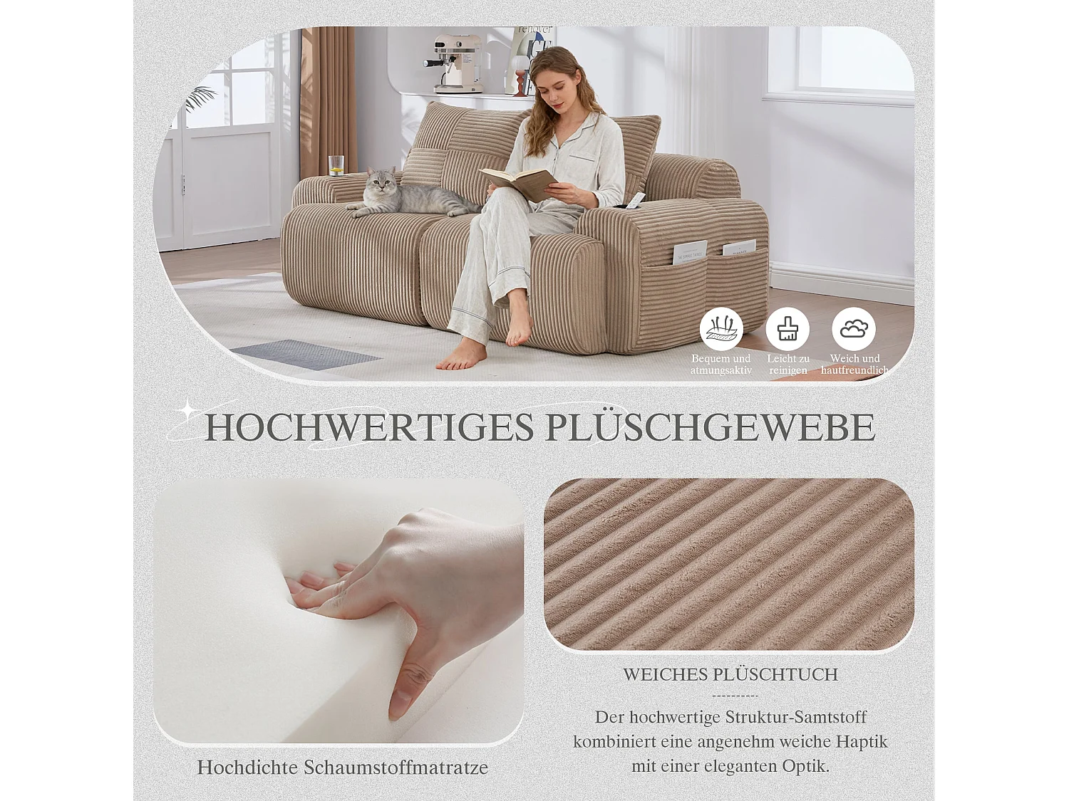 Canapé d'angle velours côtelé gris avec méridienne sans montage 261x146x65cm