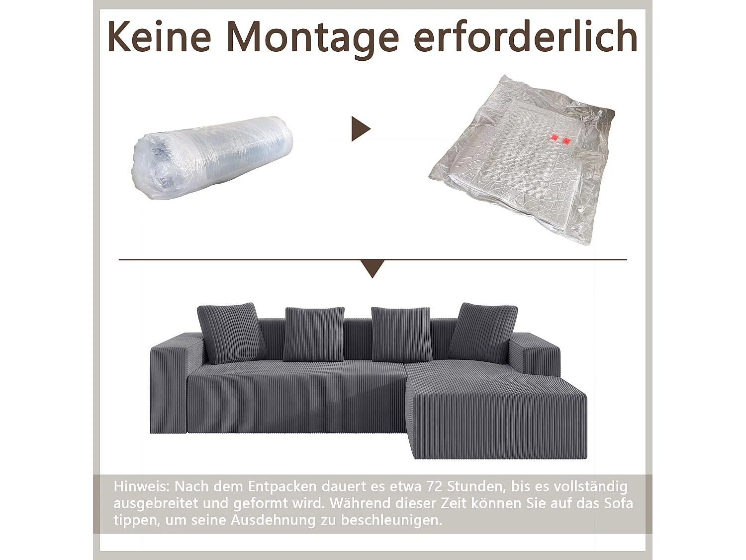 Canapé d'angle velours côtelé gris avec méridienne sans montage 261x146x65cm