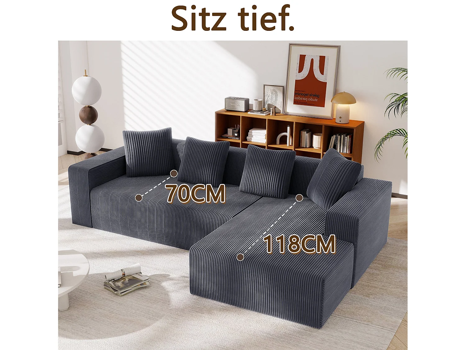 Canapé d'angle velours côtelé gris avec méridienne sans montage 261x146x65cm