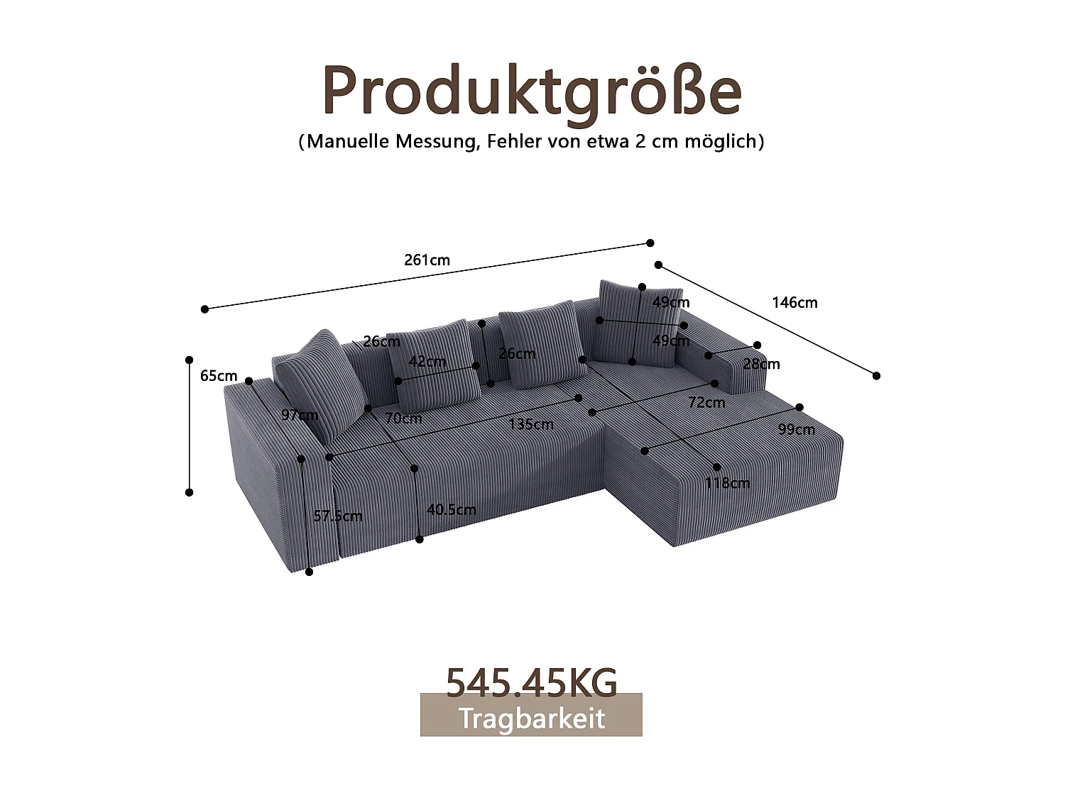 Canapé d'angle velours côtelé gris avec méridienne sans montage 261x146x65cm