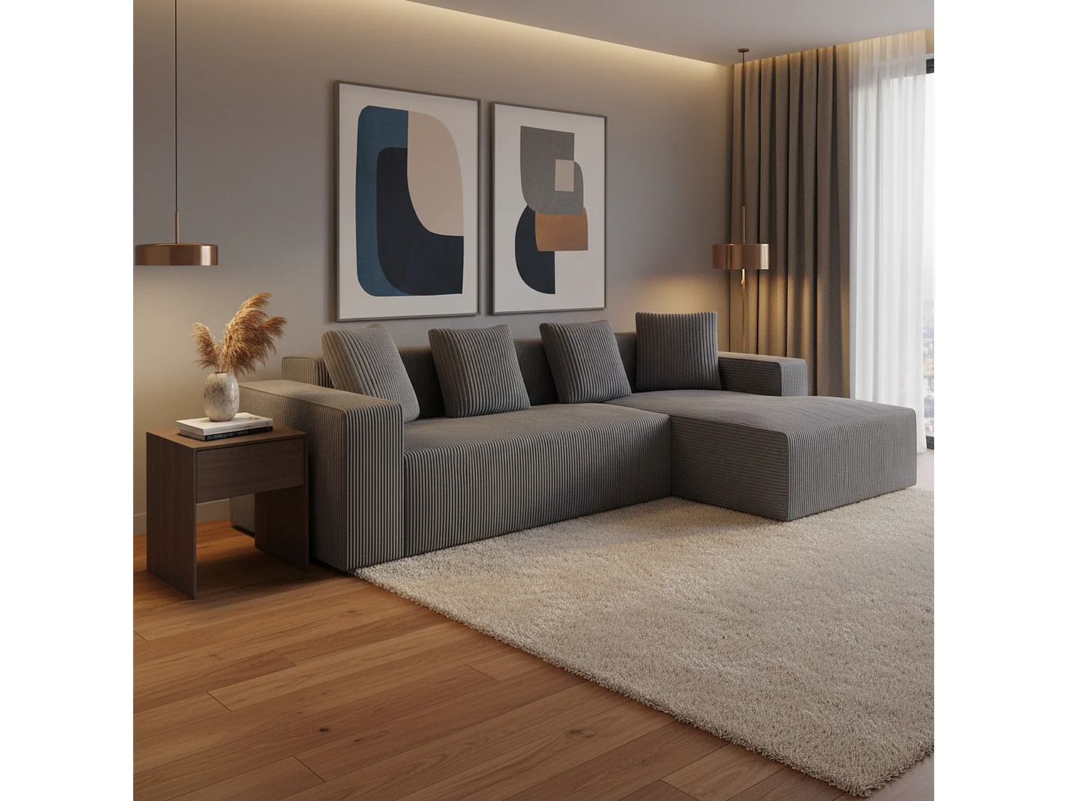 Canapé d'angle velours côtelé gris avec méridienne sans montage 261x146x65cm