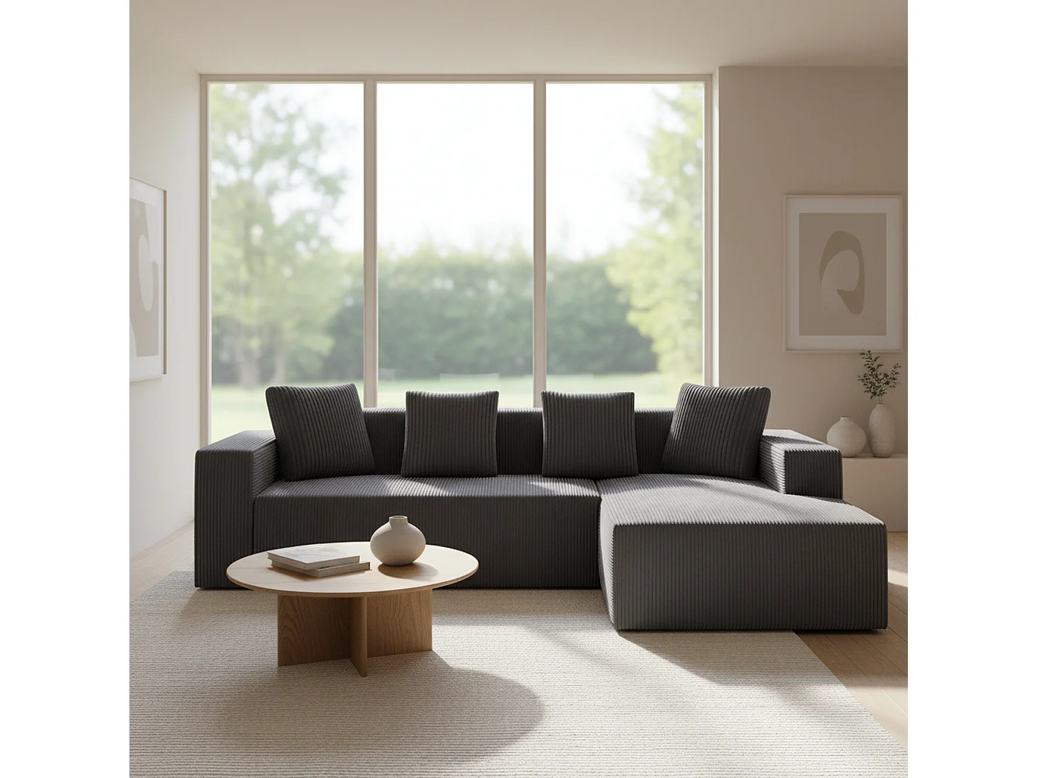 Canapé d'angle velours côtelé gris avec méridienne sans montage 261x146x65cm