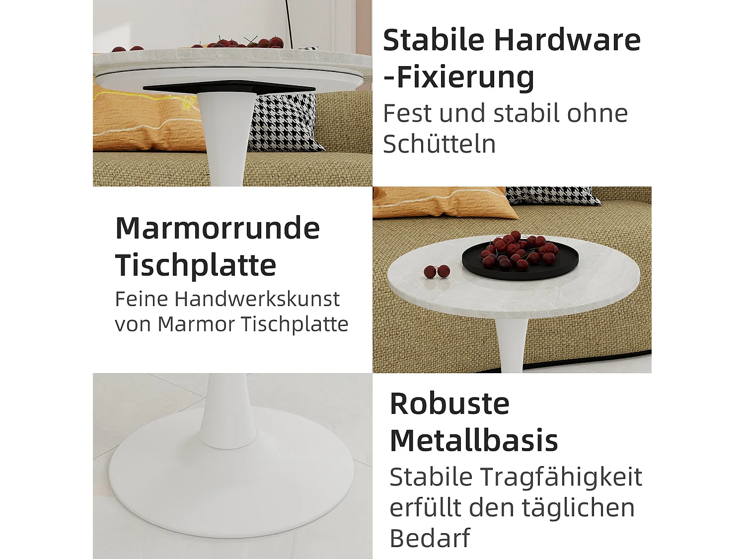 Table de salle à manger ronde effet marbre blanc 2-4 personnes, 70 cm