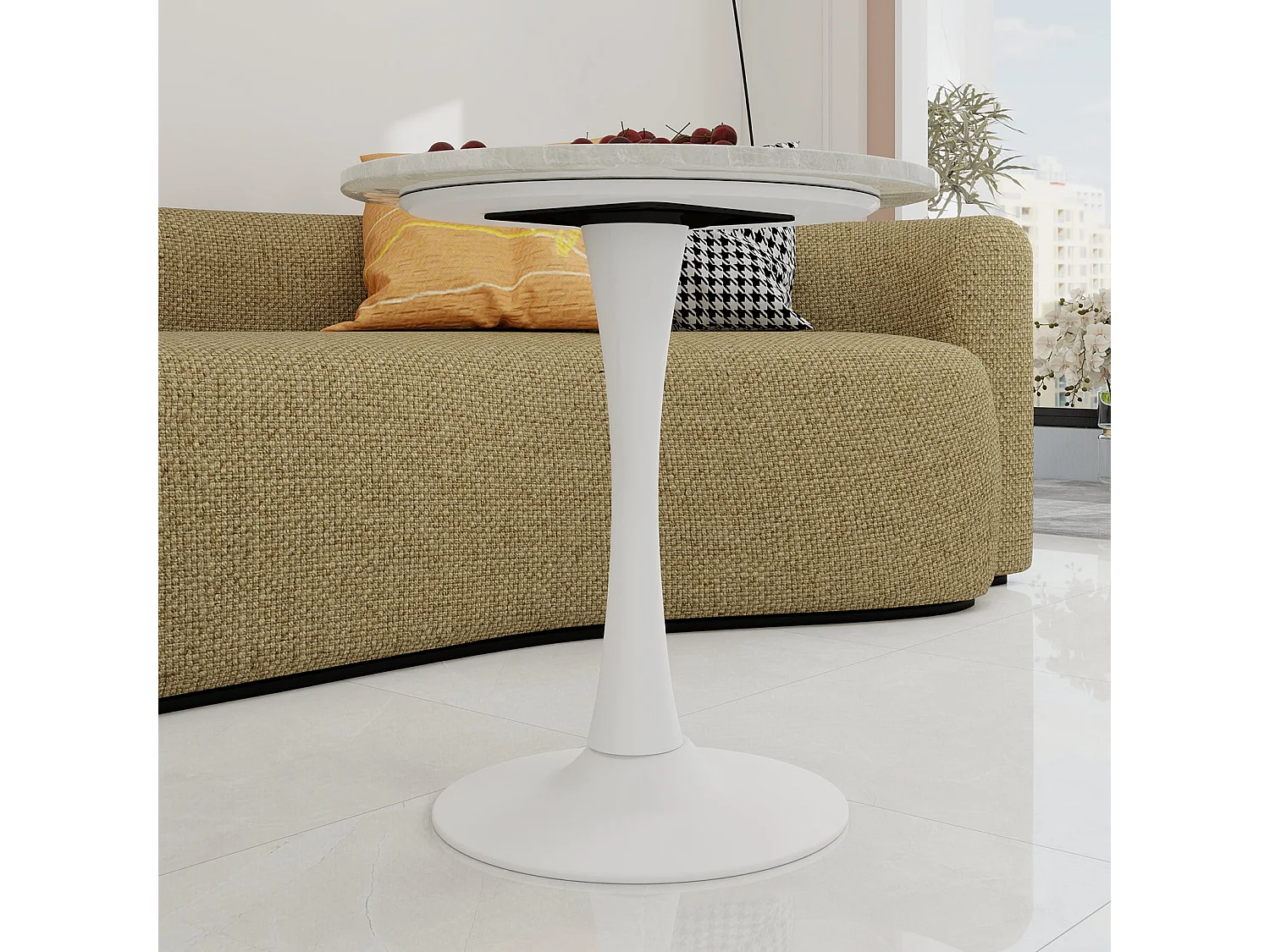 Table de salle à manger ronde effet marbre blanc 2-4 personnes, 70 cm